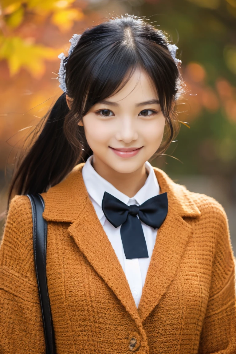 Autumn attire、bow ribbon、a beauty girl、17 age、Black hair straight、A slight smil、