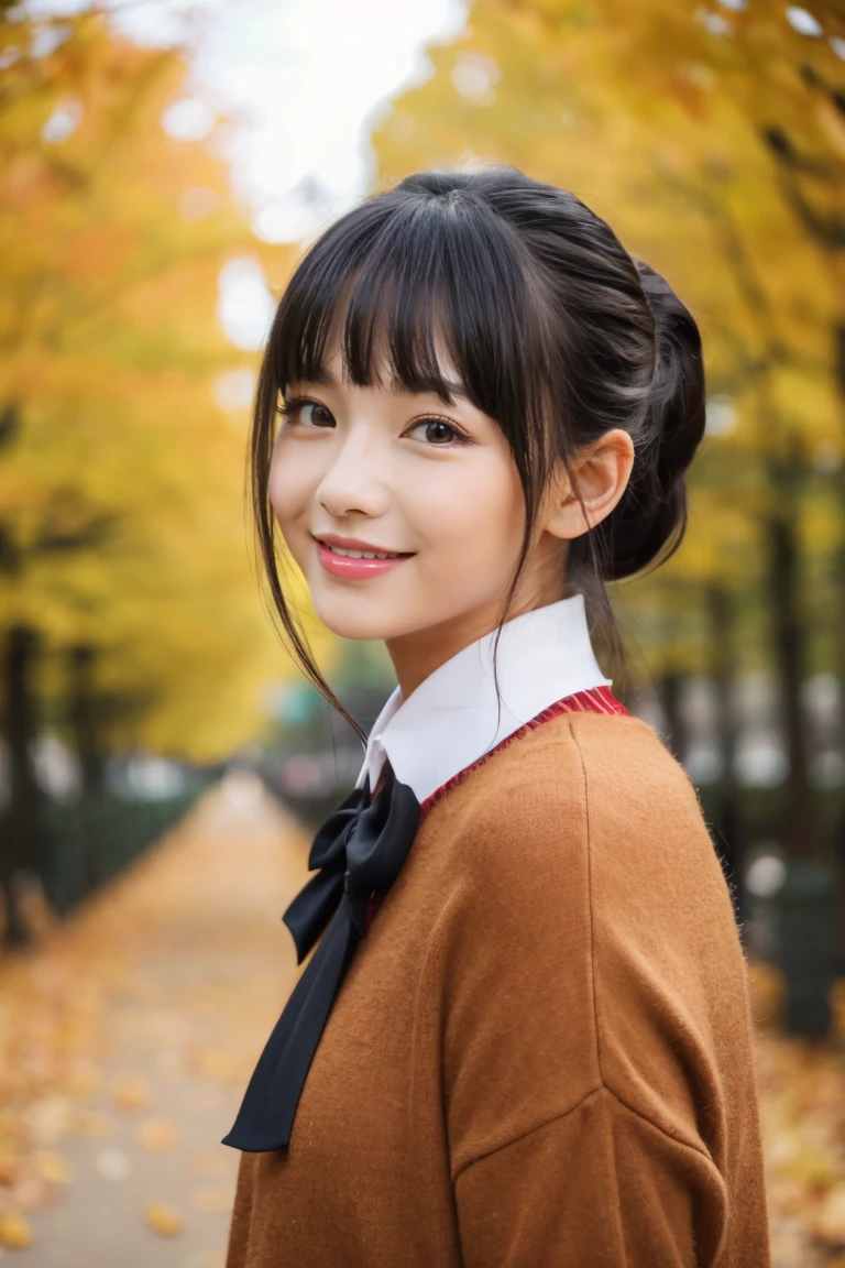 Autumn attire、bow ribbon、a beauty girl、17 age、Black hair straight、A slight smil、