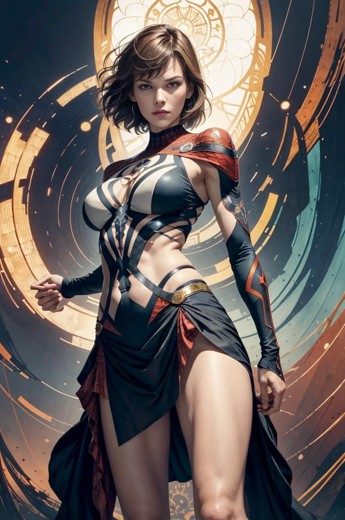 Milla Jovovich、Sticking out the navel、newyork、She wears a torn Spider-Man suit,wearing skirt、abstract photorealistic、artistic、Alphonse Mucha's painting(masterpiece、top-quality、hight resolution:1.4)、detaileds、複雑なdetaileds、4K、color splashes、line-drawing、Fibonacci、