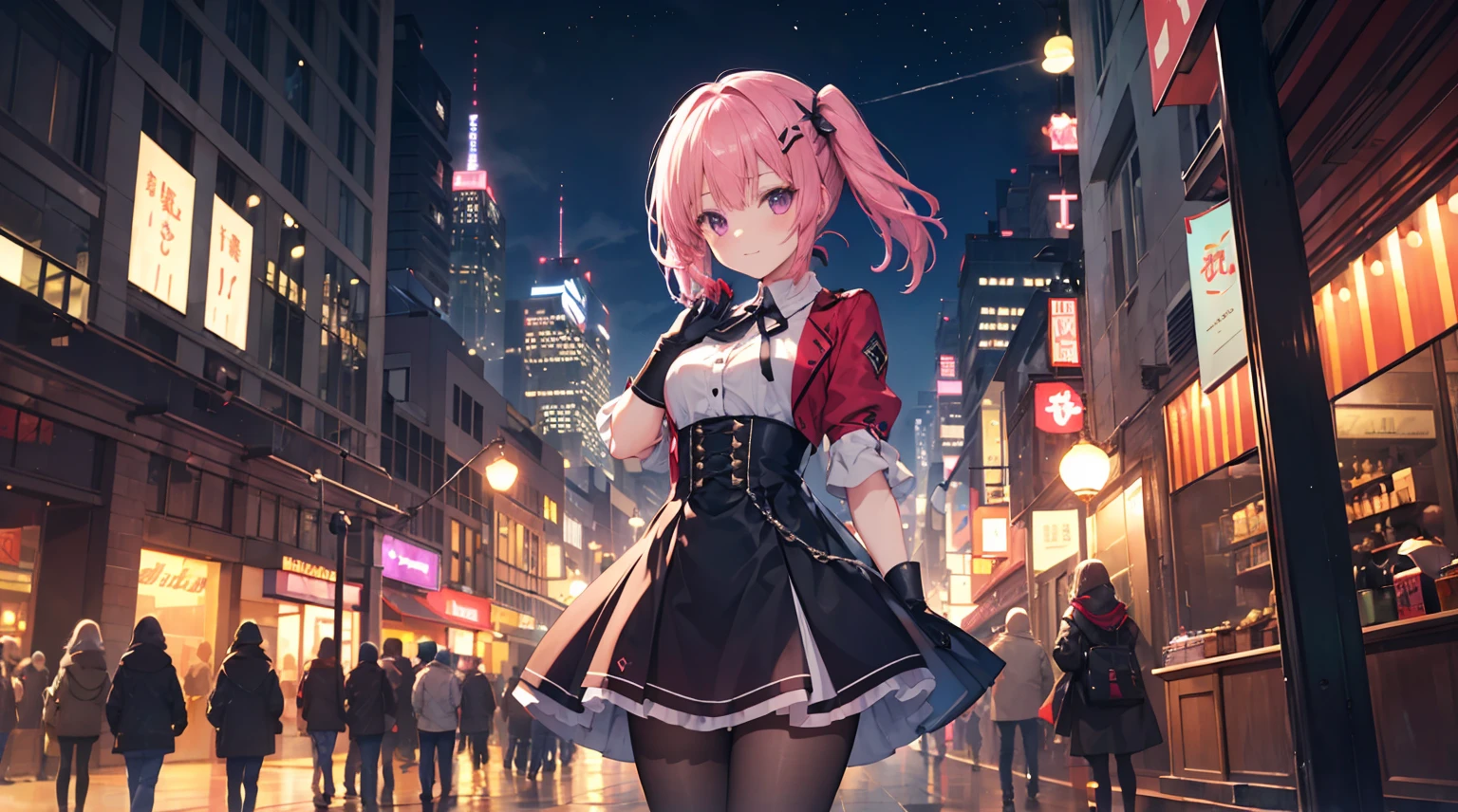 one-girl,solo,The city at night,is shy,Be red in the face,((black color dreslack pantyhoses)),medium,gentleness,ssmile,((With bare armlack glove,Place your hands behind your back,night city background,Mitsukasa Ayase,Long straight pink hair,No hair accessories,7 figures