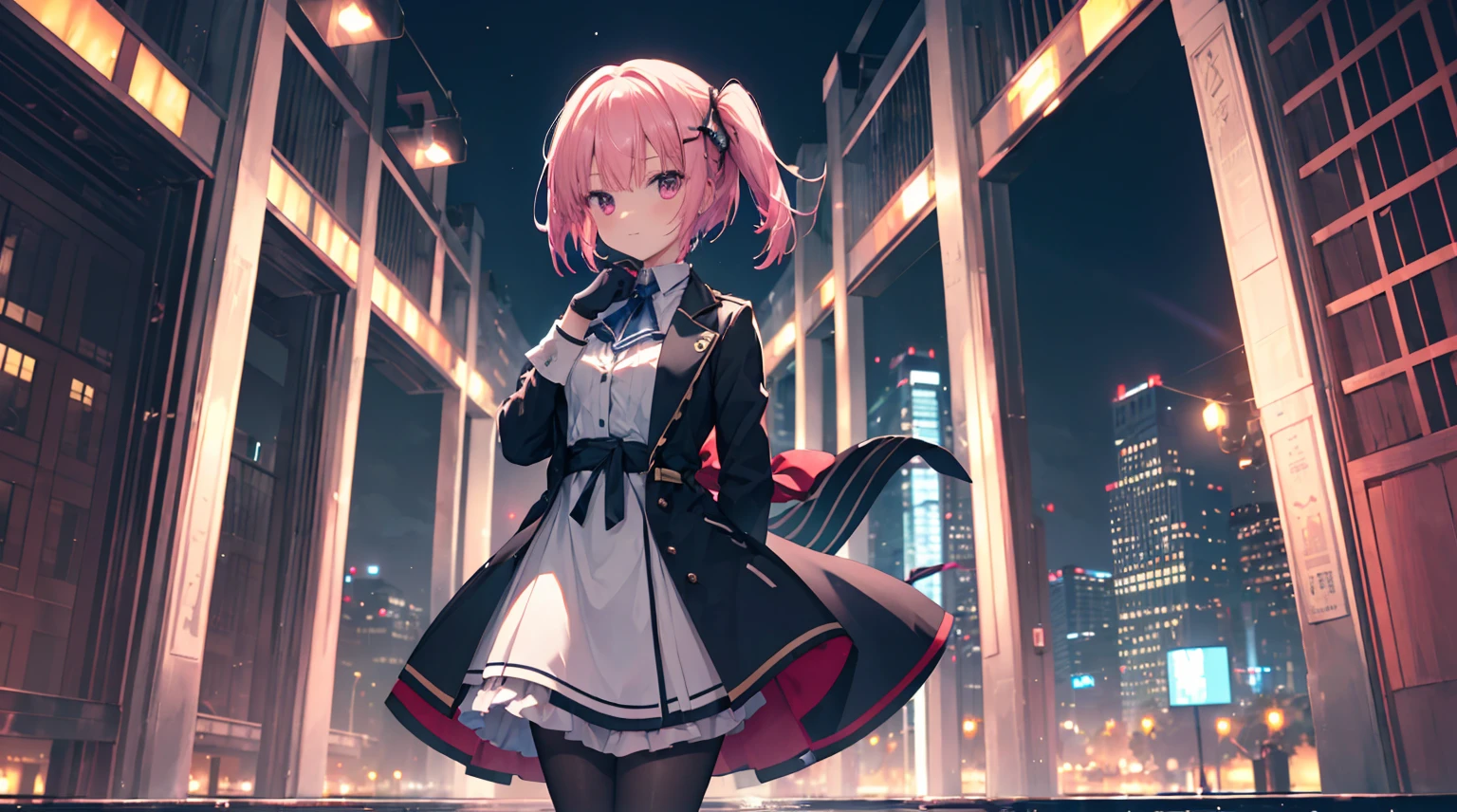 one-girl,solo,The city at night,is shy,Be red in the face,((black color dreslack pantyhoses)),medium,gentleness,ssmile,((With bare armlack glove,Place your hands behind your back,night city background,Mitsukasa Ayase,Long straight pink hair,No hair accessories,7 figures