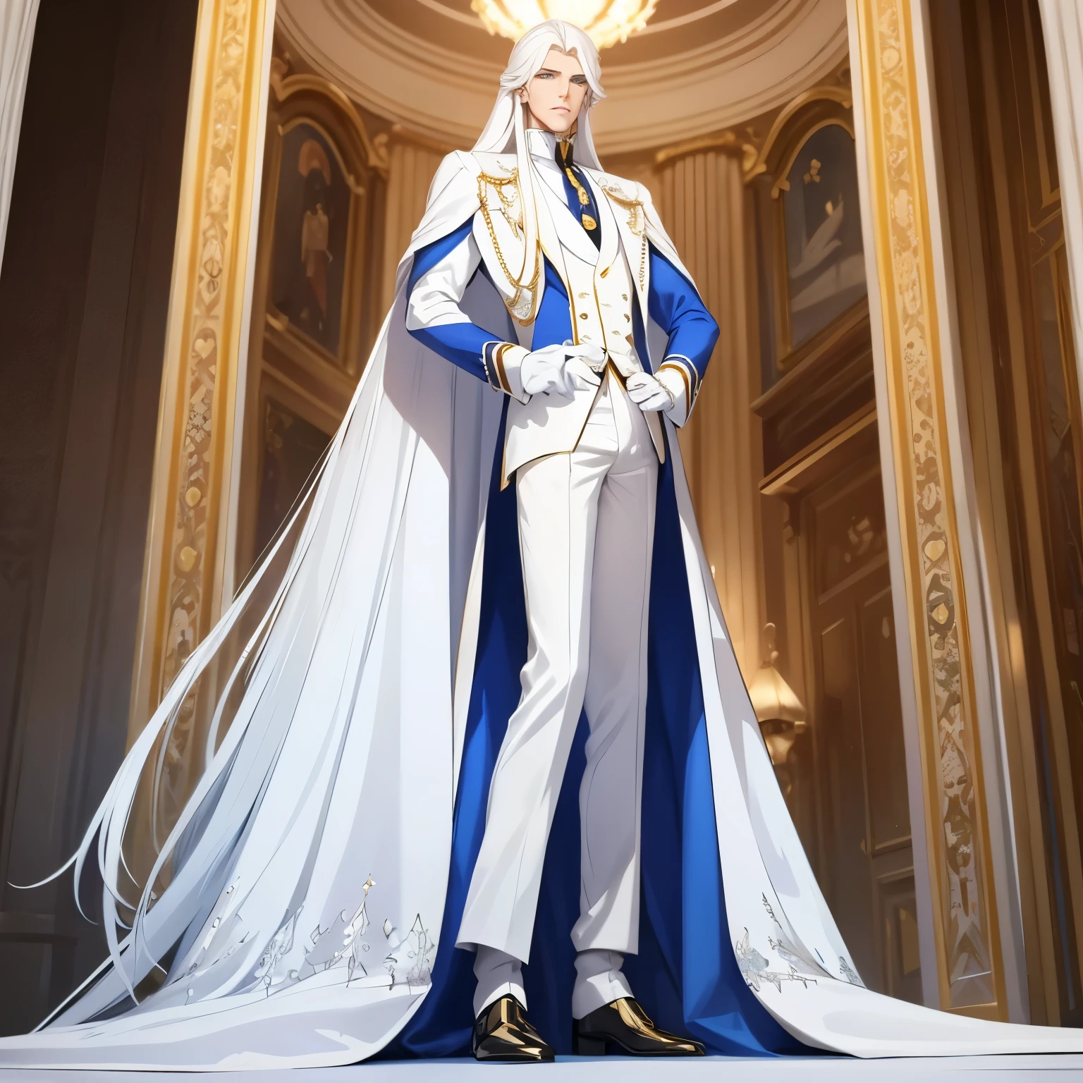 A tall man who looks like a prince with long white hair without bangs and light blue eyes is dressed in royal white clothes. He has long legs and white gloves. Should wear diamonds and other jewelry. Should look superior and cold.Make him look adult and add the shadow and light add more diamonds . Make him look from down