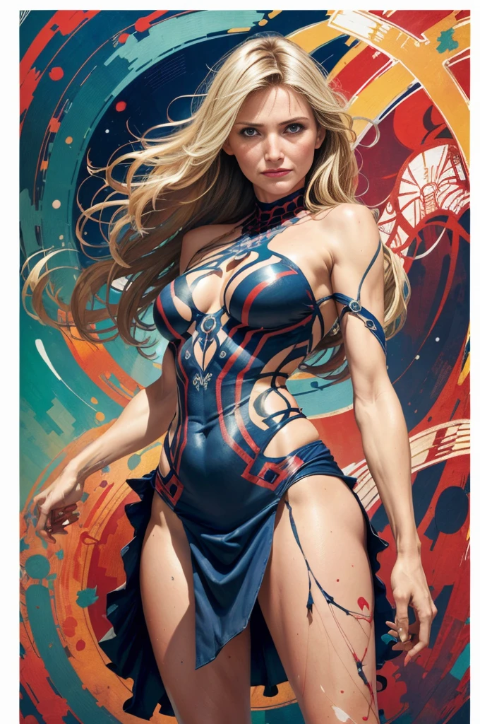 Cameron Diaz、Sticking out the navel、newyork、She wears a torn Spider-Man suit,wearing skirt、abstract photorealistic、artistic、Alphonse Mucha's painting(masterpiece、top-quality、hight resolution:1.4)、detaileds、複雑なdetaileds、4K、color splashes、line-drawing、Fibonacci、