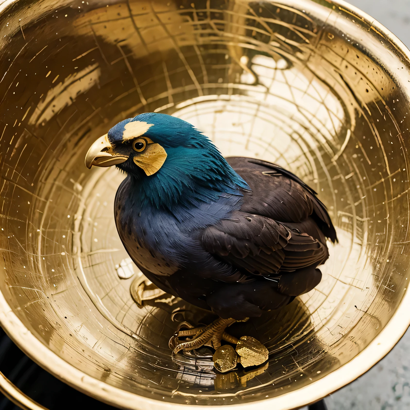 Galinha de ouro voando, com crista azul