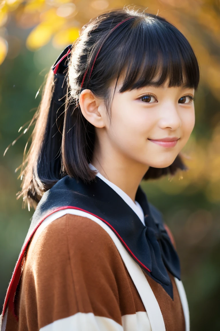 Autumn attire、bow ribbon、a beauty girl、 student、Black hair straight、A slight smil、
