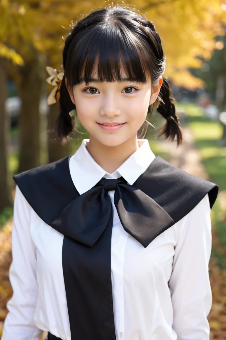 Autumn attire、bow ribbon、a beauty girl、15yo student、Black hair straight、A slight smil、