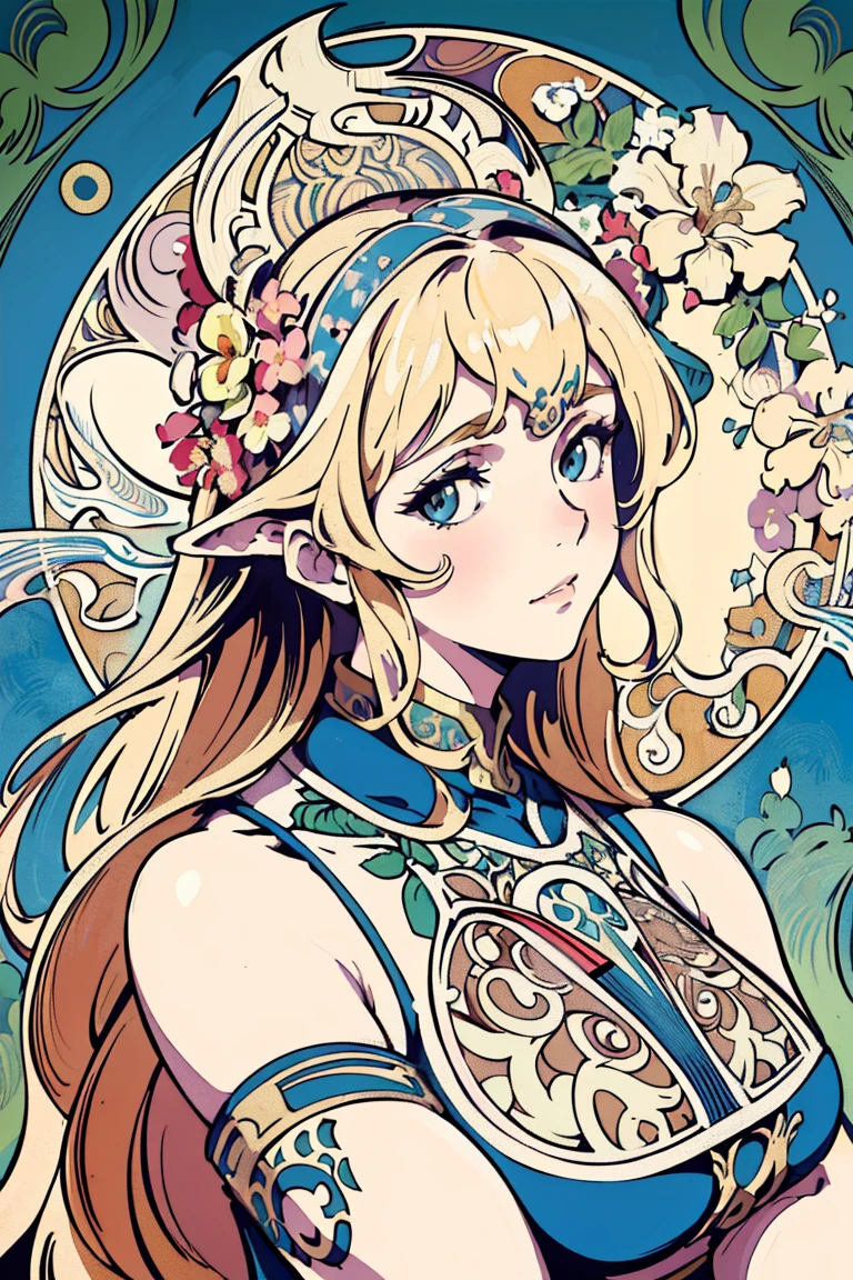 face portrait of a European female , long curly hair, blond, floral frame, Decorative panels, abstract
artistic, by Alphonse Mucha
(Masterpiece, Best Quality, Highres:1.4), Detailed, Intricate Details, 4K, color splashes, line art, fibonacci, sexy, curvy, milf, boobs,, tits