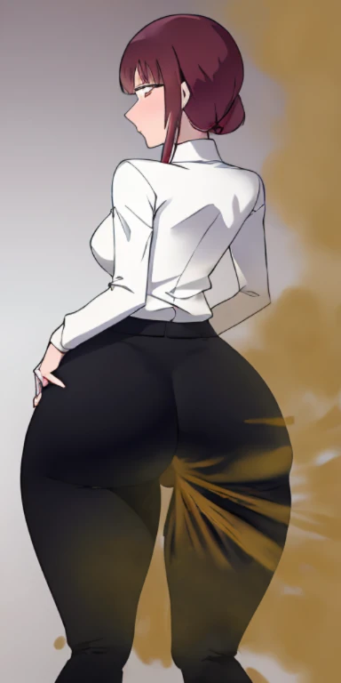 masterpiece, best quality, ultra-detailed, Potrait of beautiful MakimaCSM, solo, shirt, long_sleeves, white_shirt, collared_shirt, pants, from_behind, armehind_back, black_pants, formal, suit, arm_behind_back, shirt_tucked_in, facing_away, office_lady, business_suit, high-waist_pants, volumetric lighting, best quality, masterpiece, intricate details, tonemapping, sharp focus, hyper detailed, hands on booty, hands on ass, holding her booty, big booty
