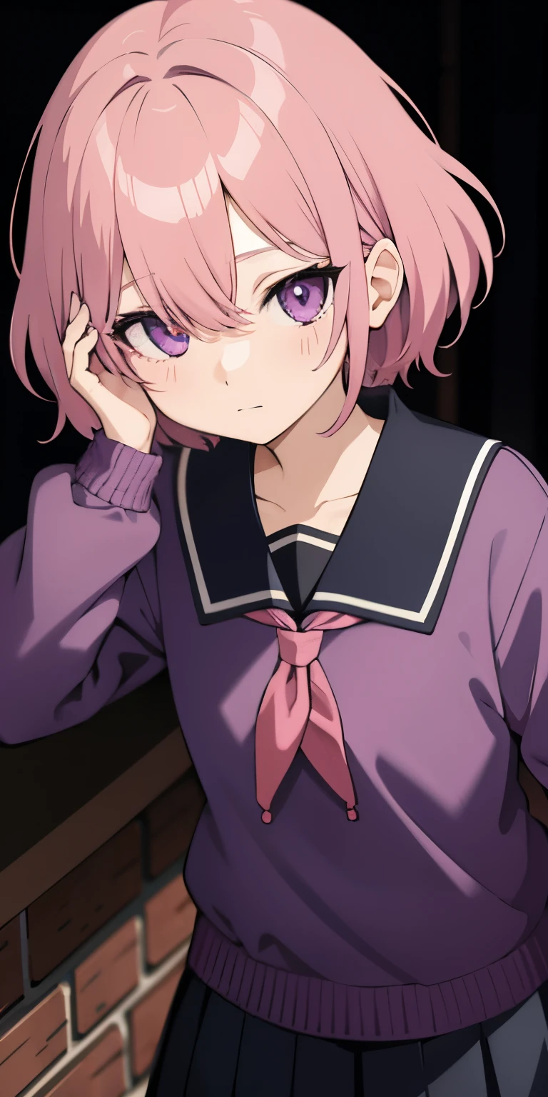 One anime girl, purple eyes, Short pink hair, hair covers one eye, cuvy hair, purple and pink school uniform, blood on clothes, empty eyes, neutral exprexpression
