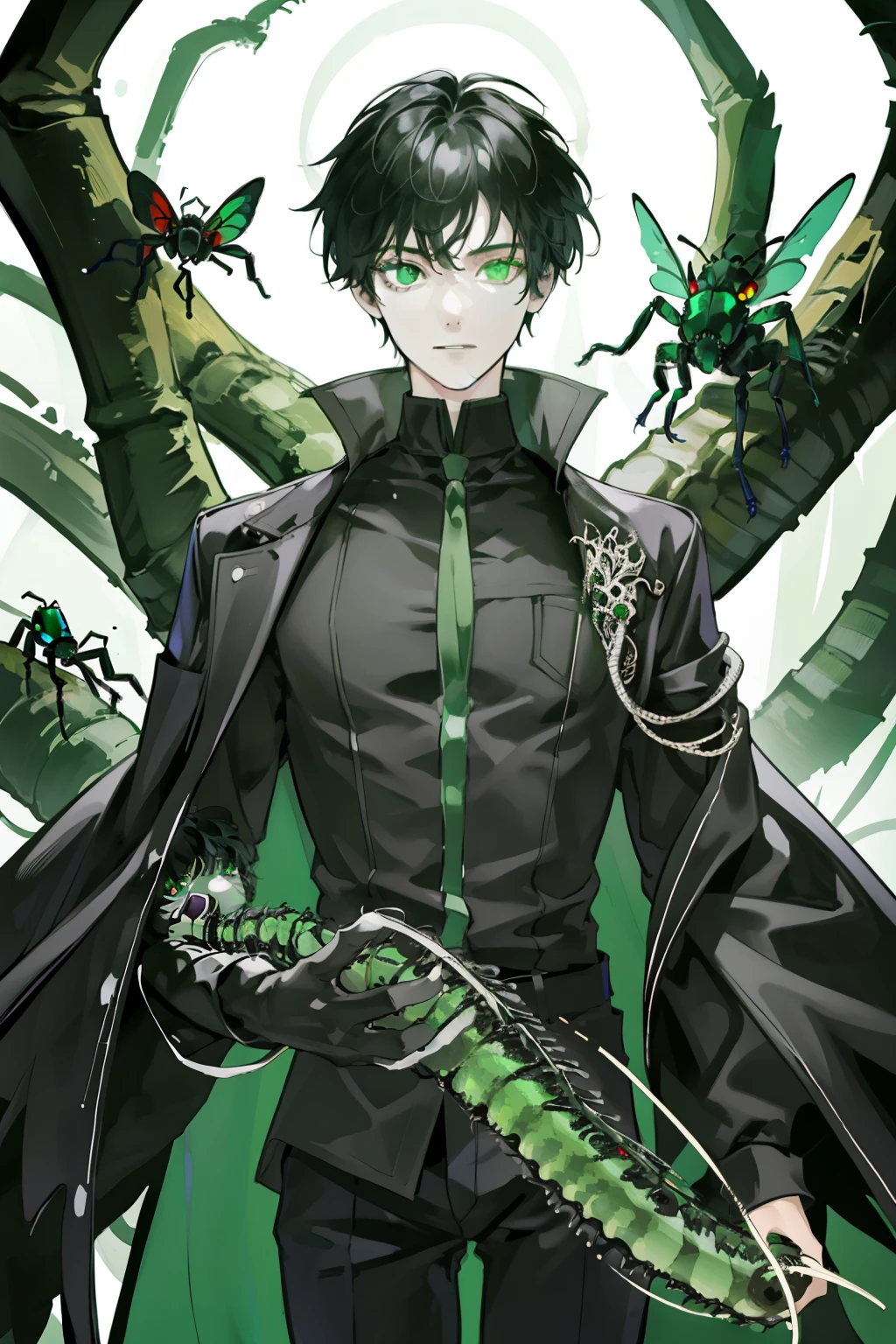 (best quality, high resolution, ultra detailed), a boy, teenager, with black hair and toxic green eyes, surrounded by strange insects, of all sizes, and that look terrifying, seems comfortable with the insects, but the atmosphere is terrifying because of that, he holds what appears to be a centipede with red and black hues