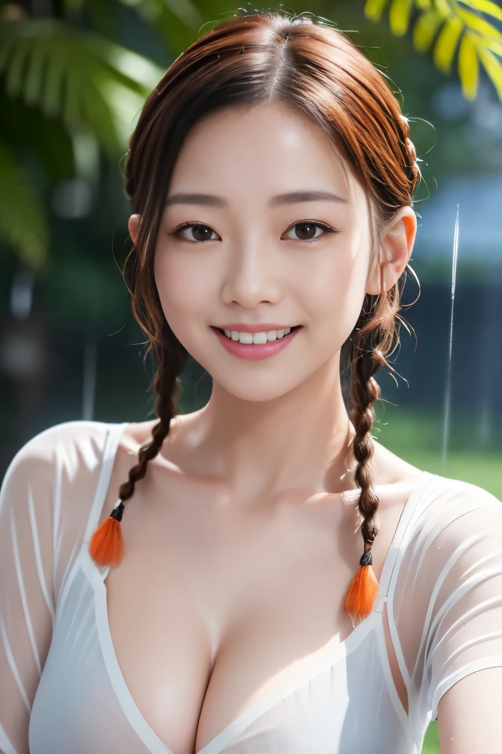 (a park),Rain,Wet body, Sexy wet woman,wet round face,very beautif. Big wet breasts,(I can see through my wet pure white shirt), wet skin wet hair,She wears red bra underwear under her shirt,Cargo pants,close up,(Wet shiny silver and orange striped short hair,See-through fishbone hair with elaborate braids and beads),with round face,An attractive woman with a natural smile and charming expression,Transparent skin,(The 8k quality,masutepiece,top-quality,Ultra-high resolution output image,),(Highly detailed raw photos:1.3),(Image Mode Ultra HD),