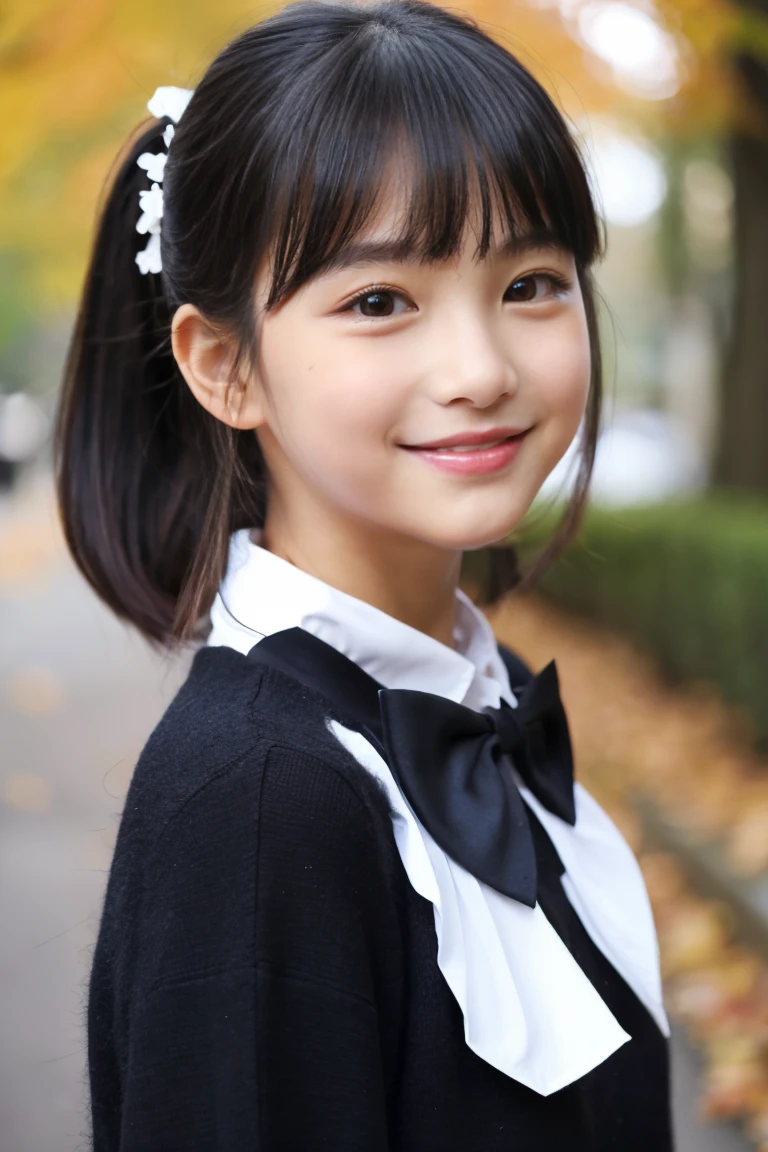 Autumn attire、bow ribbon、a beauty girl、14years、Black hair straight、A slight smil、
