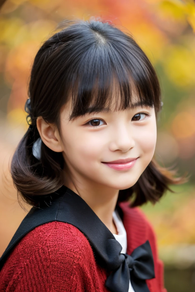 Autumn attire、bow ribbon、a beauty girl、14years、Black hair straight、A slight smil、