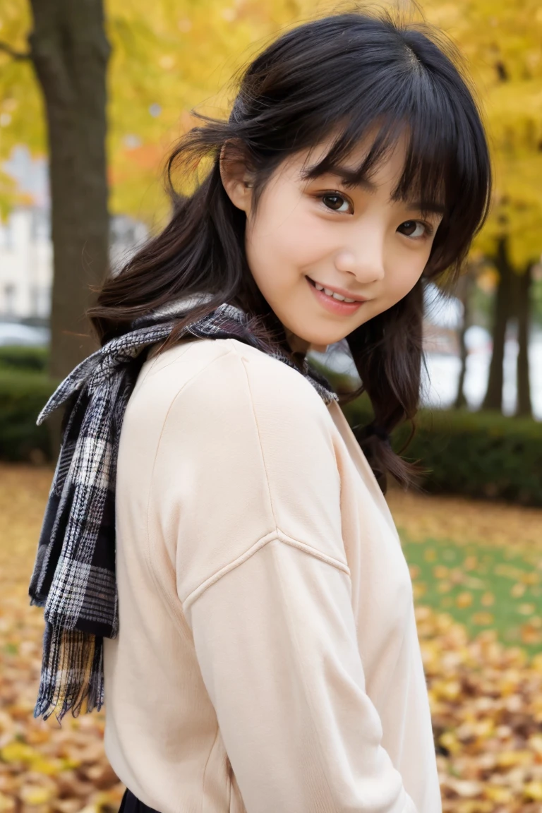 Autumn attire、bow ribbon、a beauty girl、 student、Black hair straight、A slight smil、