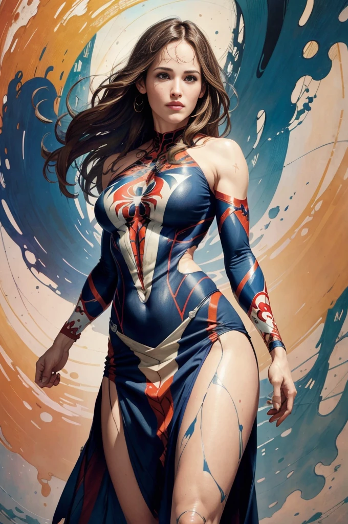 Jennifer garner、Sticking out the navel、newyork、She wears a torn Spider-Man suit,wearing skirt、abstract photorealistic、artistic、Alphonse Mucha's painting(masterpiece、top-quality、hight resolution:1.4)、detaileds、複雑なdetaileds、4K、color splashes、line-drawing、Fibonacci、
