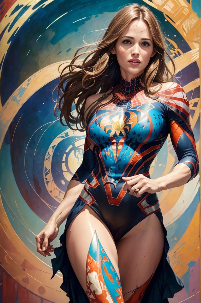 Maggie Q、Sticking out the navel、newyork、She wears a torn Spider-Man suit,wearing skirt、abstract photorealistic、artistic、Alphonse Mucha's painting(​masterpiece、top-quality、hight resolution:1.4)、detaileds、複雑なdetaileds、4K、color splashes、line-drawing、Fibonacci、