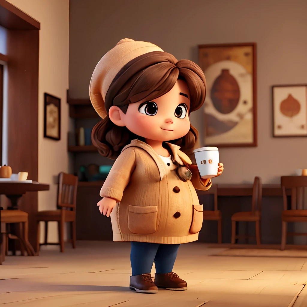 A chubby woman who had brown hair and eyes wearing fall clothing holding a coffee