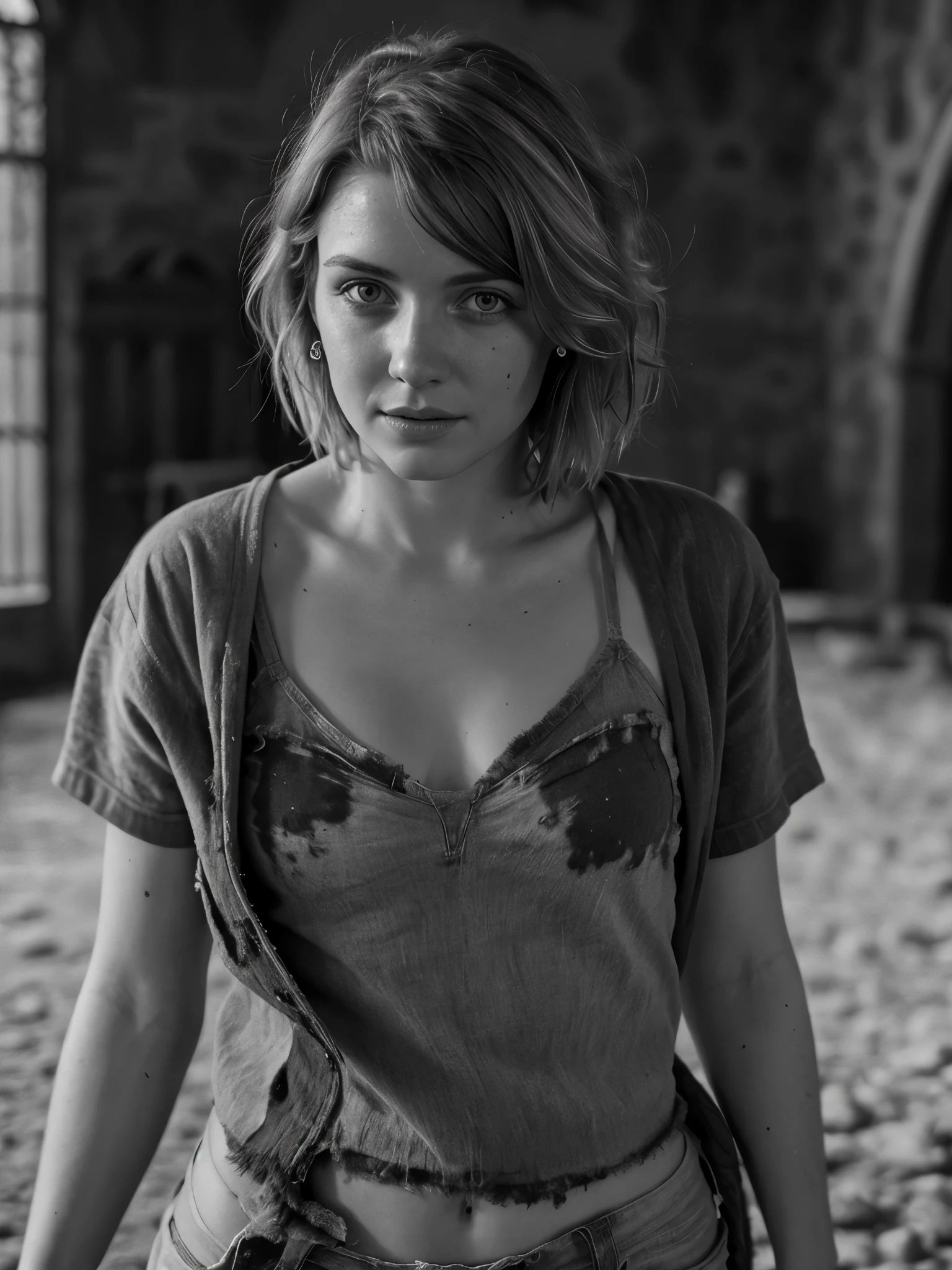 Photorealistic, masterpiece grayscale  photo, woman with messy hair and poor tattered clothes, cute sexy, (detailed medieval background), ultra sharp focus, detailed face, (((posing))),  random hair color, short hair, beautiful eyes, full body, high quality black and white image