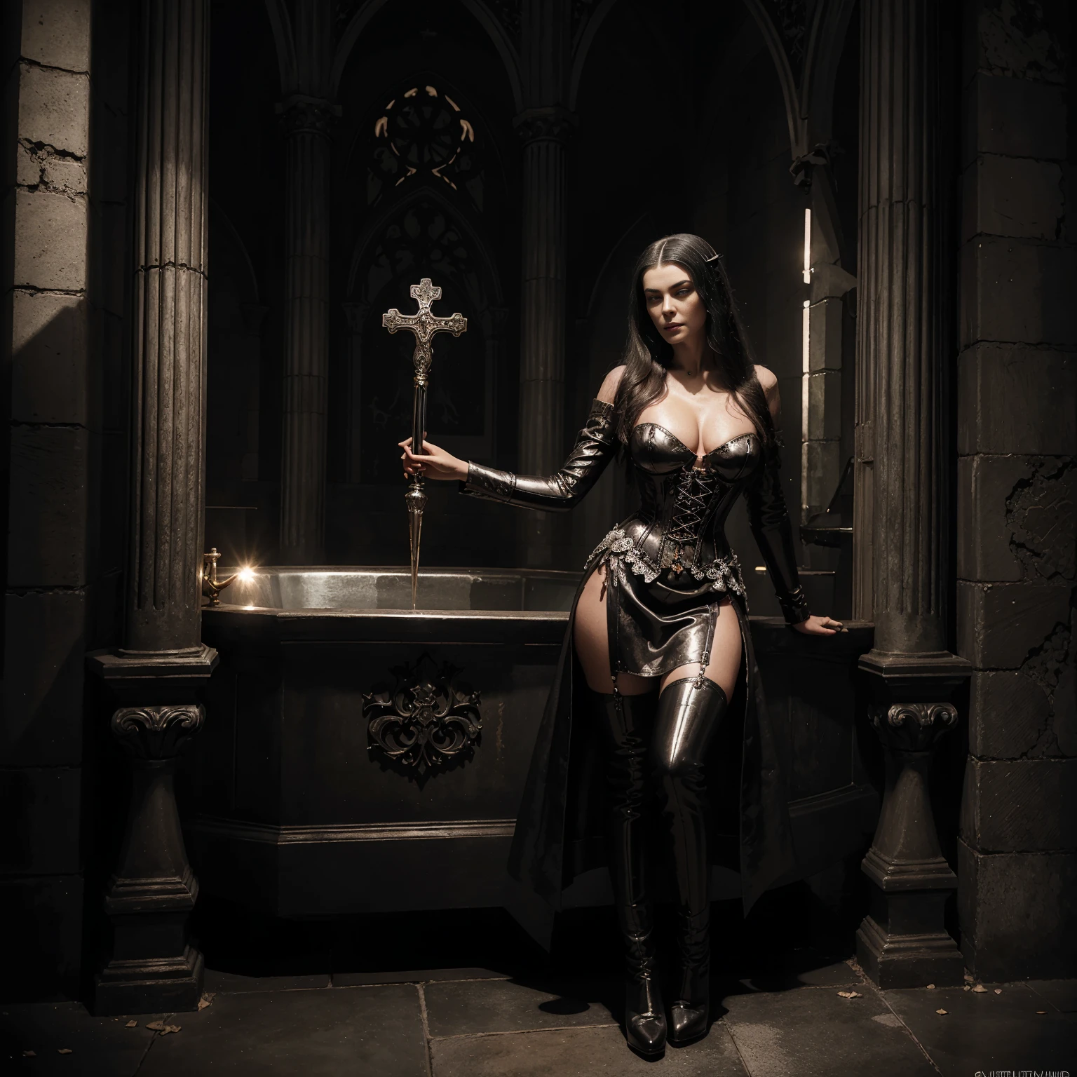 A (((detailed illustration))), drawn in a style inspired by the works of Mark Ryden and H.R. Giger, featuring a (((vampire))) with short, wave-like hair and a sleek, silver-gilded crucifix in hand, wearing a luxurious, Gothic corset dress and shiny, silver-toned stiletto boots. The setting is an ancient, ruined cathedral, bathed in the ethereal glow of a full moon, with its musty interiors cast in somber, dramatic relief —ar 3:4 —s1000 —v 6