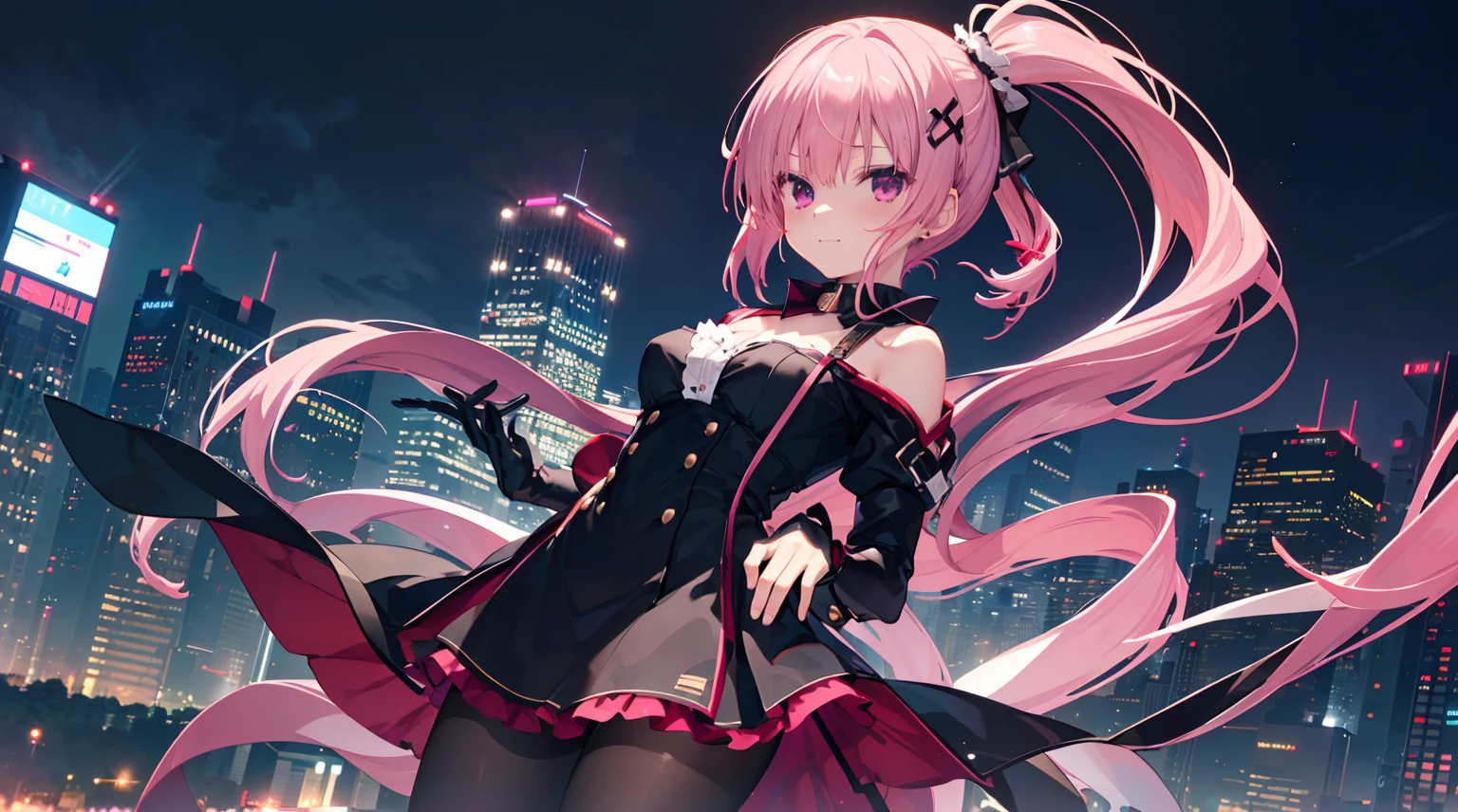 one-girl,solo,The city at night,is shy,Be red in the face,((black gown)),((black pantyhoses)),medium,gentleness,ssmile,((With bare armlack glove,Place your hands behind your back,night city background,Mitsukasa Ayase,Long straight pink hair,No hair accessories,7 figures