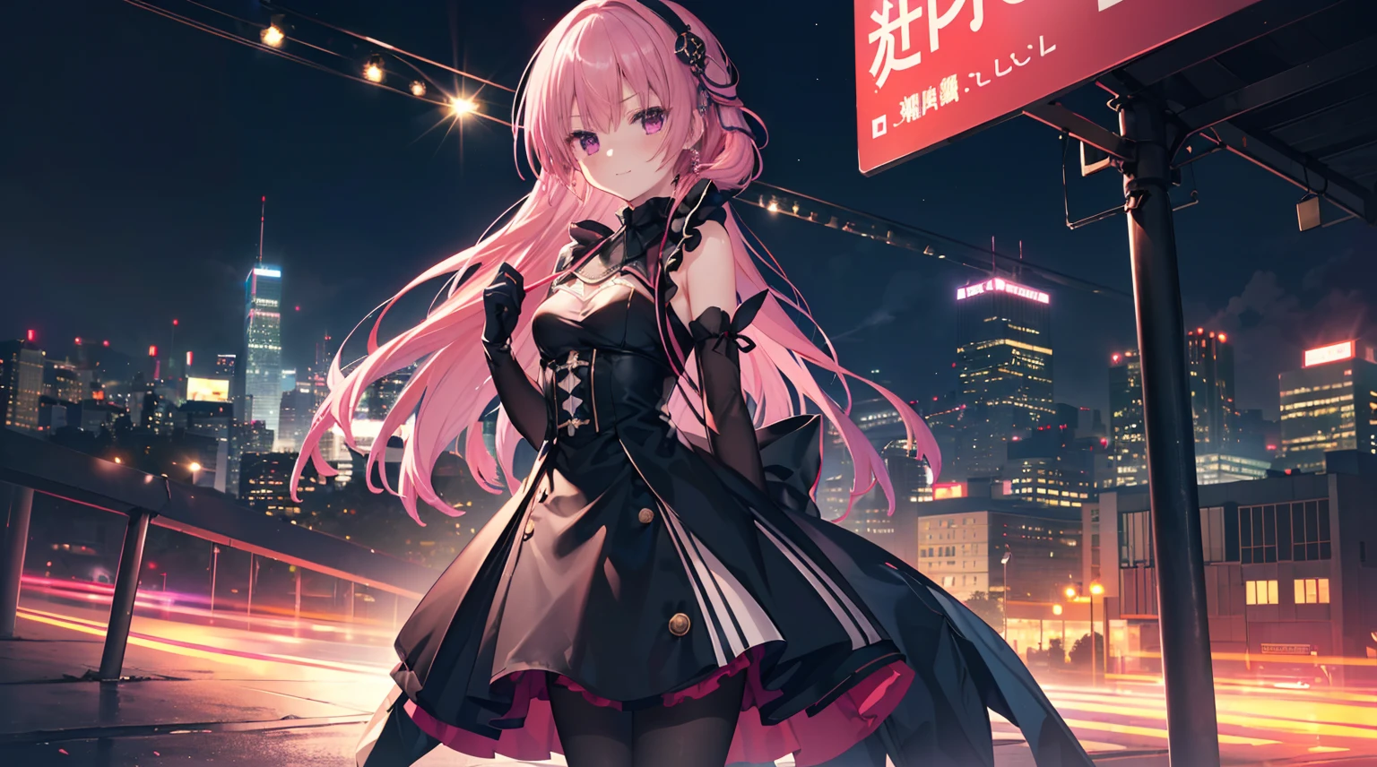 one-girl,solo,The city at night,is shy,Be red in the face,((black gown)),((black pantyhoses)),medium,gentleness,ssmile,((With bare armlack glove,Place your hands behind your back,night city background,Mitsukasa Ayase,Long straight pink hair,No hair accessories,7 figures