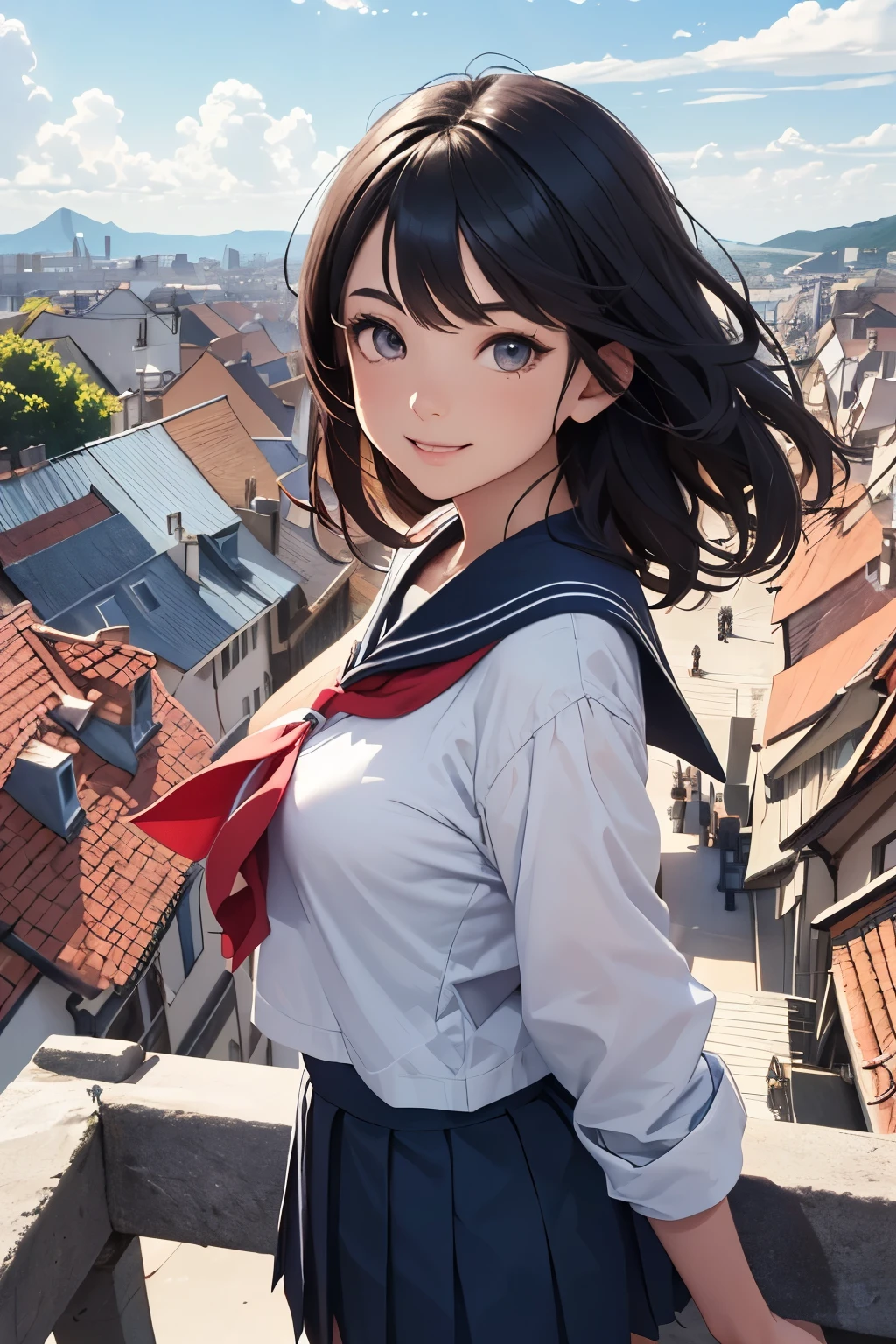 very cute and beautiful girl,teen,(highly detailed beautiful face and eyes:1.2),
smile,black hair,(sailor school uniform,pleated navy blue mini skirt),dynamic pose,dynamic angle,looking at viewer,
many european houses with red roof,(town overview:1.2),
(best quality,masterpiece:1.2),intricate details,extremely detailed,ultra-detailed,8k resolution,solo,
hair fluttering in the wind,beautiful detailed sky,(realistic),