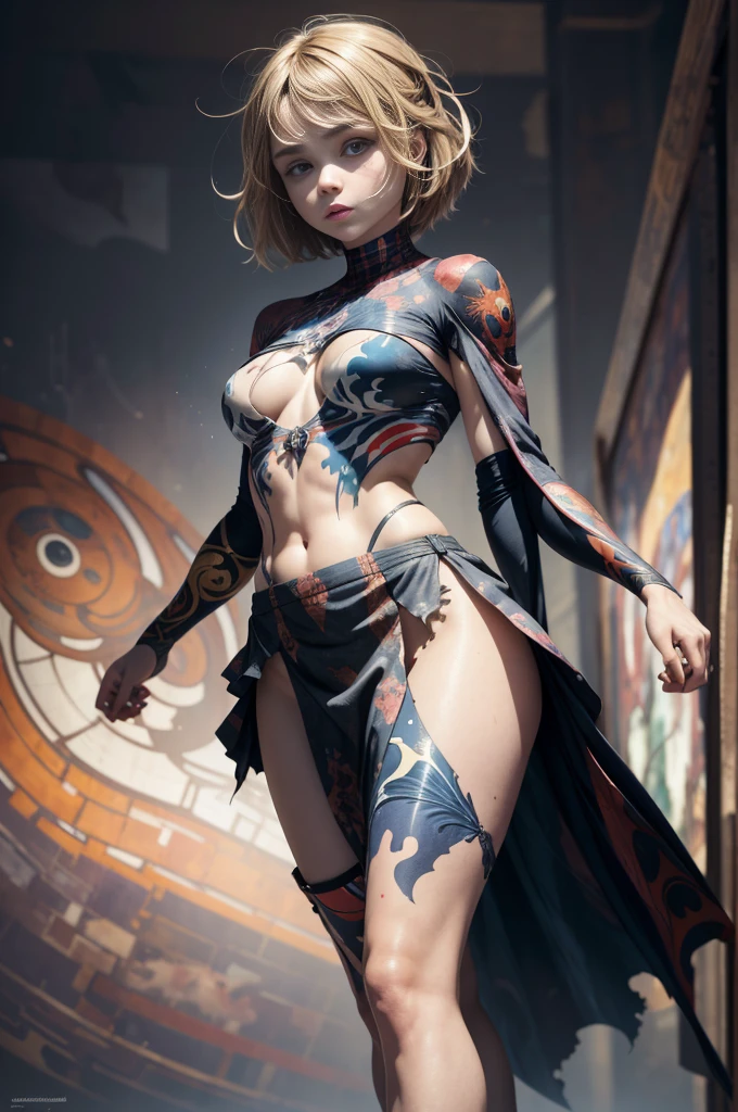chloë grace moretz、Sticking out the navel、newyork、She wears a torn Spider-Man suit,wearing skirt、abstract photorealistic、artistic、Alphonse Mucha's painting(masterpiece、top-quality、hight resolution:1.4)、detaileds、複雑なdetaileds、4K、color splashes、line-drawing、Fibonacci、