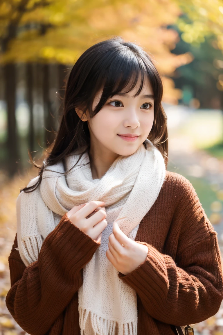 Autumn attire、bow ribbon、a beauty girl、14years、Black hair straight、