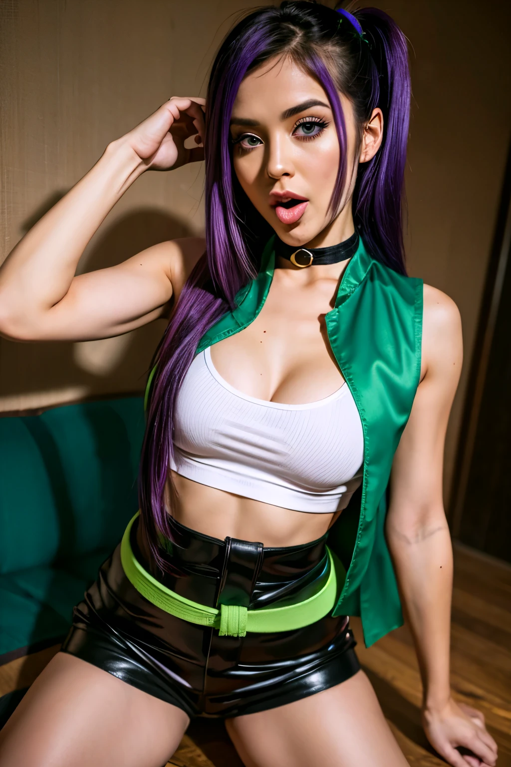 Martin,violet eyes, purple hair, extra very long hair, pony tail, hair scrunchie, Green Choker, o-ring top, t shirt, Sleeveless, waist cape, black shorts, green belt, knee boots,fcPortrait of ahegao Realistic tongue out eye rolling Ahegao - Real and Ani