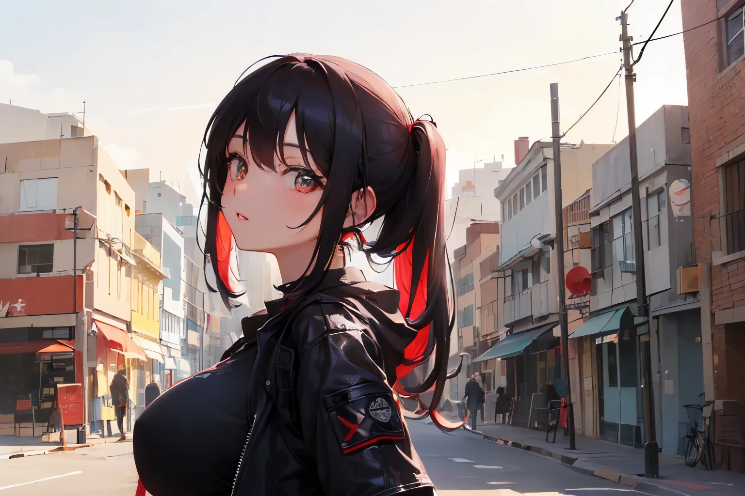 (finely Detallado beautiful eyes and Detallado face,Obra maestra sidelighting,Obra maestra,La mejor calidad,Detallado,high resolution illustration),
( TechWear, Cyber Background, Ciudad soleada),
(1girl,todo el cuerpo,bishoujo,Piel lustrosa,Mirando hacia abajo,Mirando al espectador),
(cabello negro,ojos rojos,falda corta,cinta,camisa de botones)