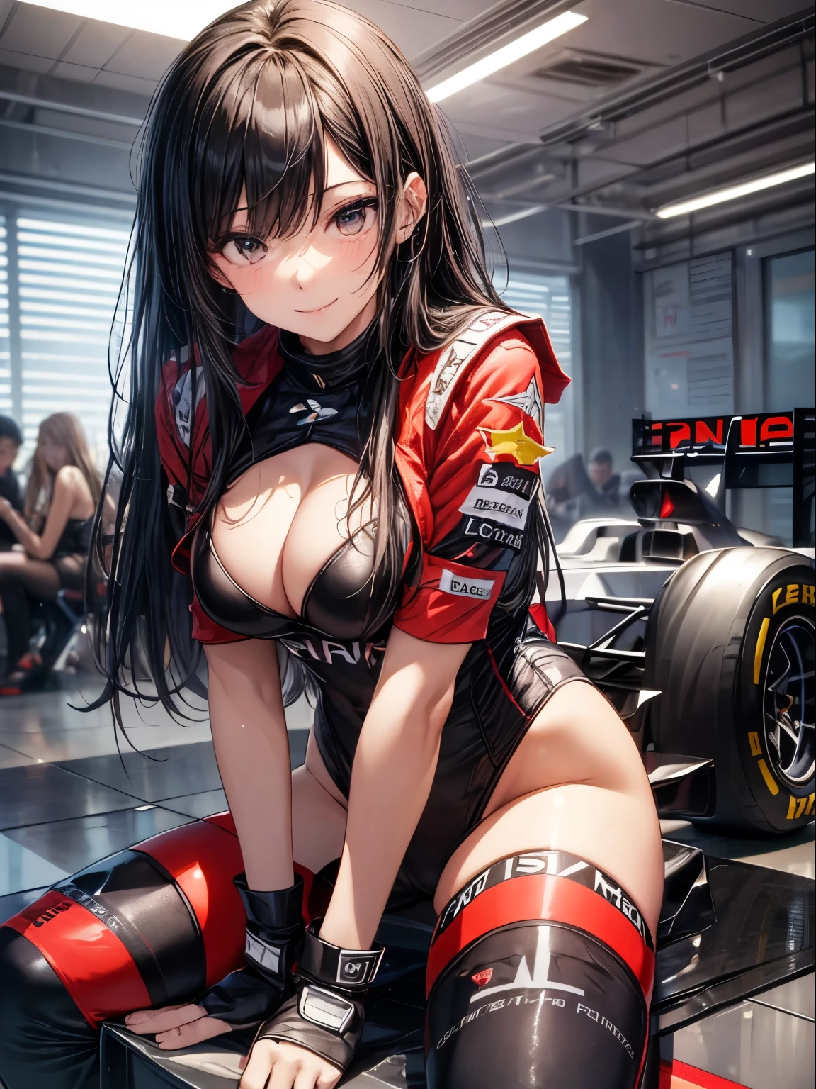 top-quality、Full limbs、complete fingers、((one beautiful women))、Beautiful busty woman、Women with straight hair、Woman with dark hair、A big smile、Race Queen Costume、Woman wearing red and black leotard with logo、Red Arm Cover、A woman wearing long black boots、Formula 1、F1 race、racing car、Naughty Poses、all-fours