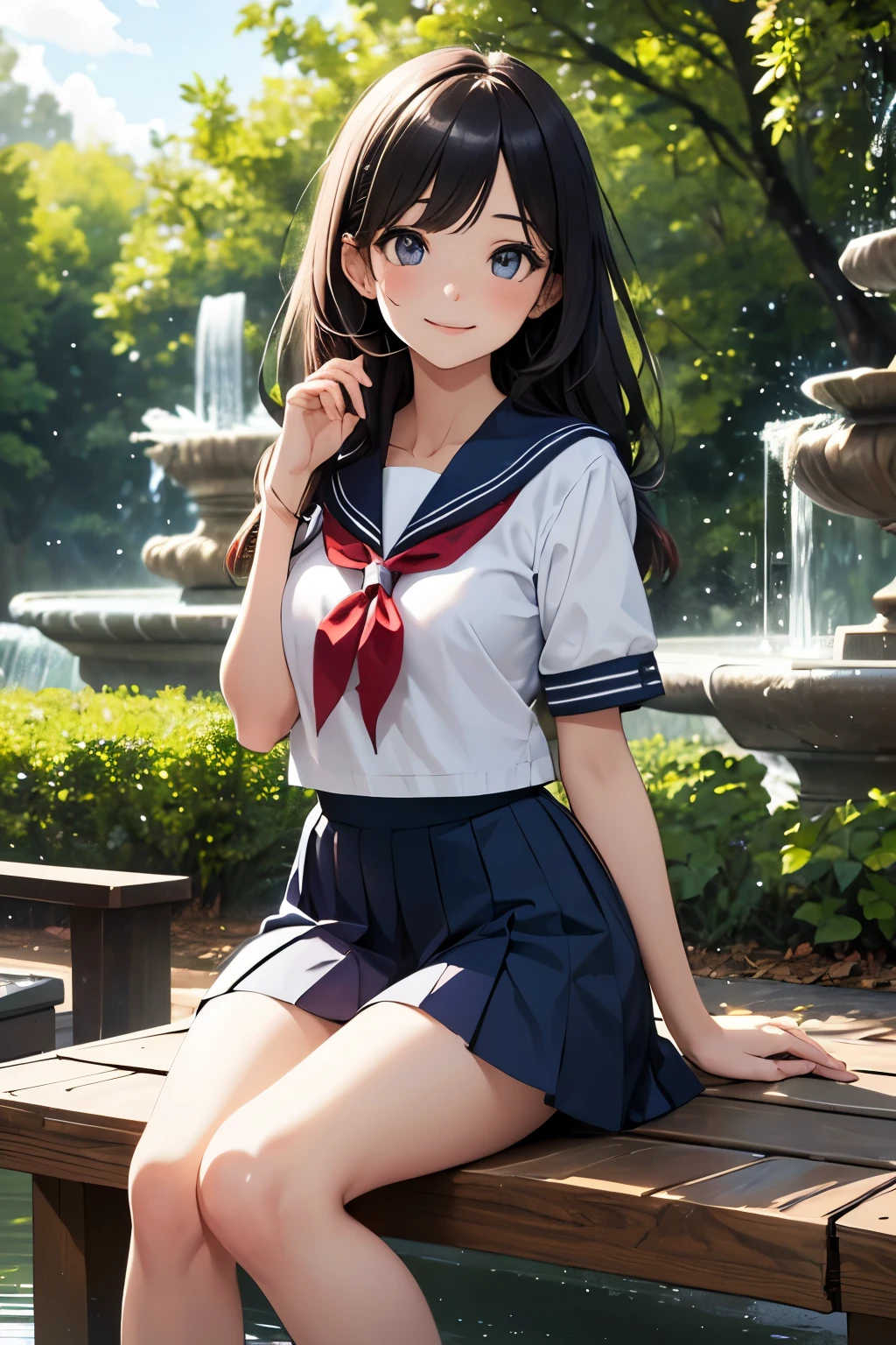 very cute and beautiful school girl,(highly detailed beautiful face and eyes:1.2),
smile,looking at viewer,black hair,(sailor school uniform),(pleated navy blue mini skirt),
sitting on wooden bench in elegant gazebo,flower garden,water fountain,forest,dynamic angle,
(best quality,masterpiece:1.2),intricate details,extremely detailed,
8k resolution,ultra-detailed,solo,hair fluttering in the wind,beautiful detailed sky,