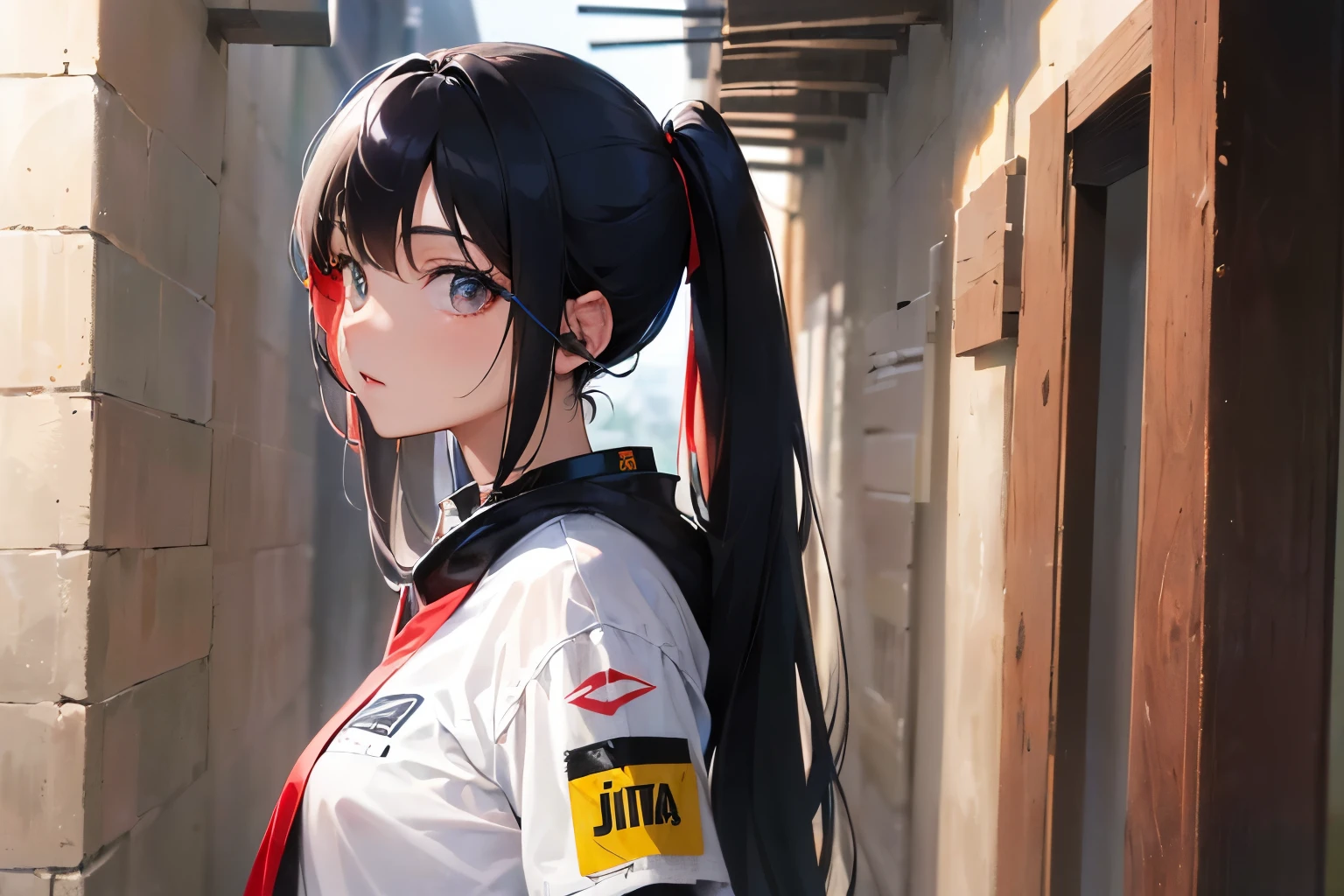 (finely Detallado beautiful eyes and Detallado face,Obra maestra sidelighting,Obra maestra,La mejor calidad,Detallado,high resolution illustration),
( TechWear, Cyber Background, Ciudad soleada),
(1girl,todo el cuerpo,bishoujo,Piel lustrosa,Mirando hacia abajo,Mirando al espectador),
(cabello negro,ojos rojos,falda corta,cinta,camisa de botones)