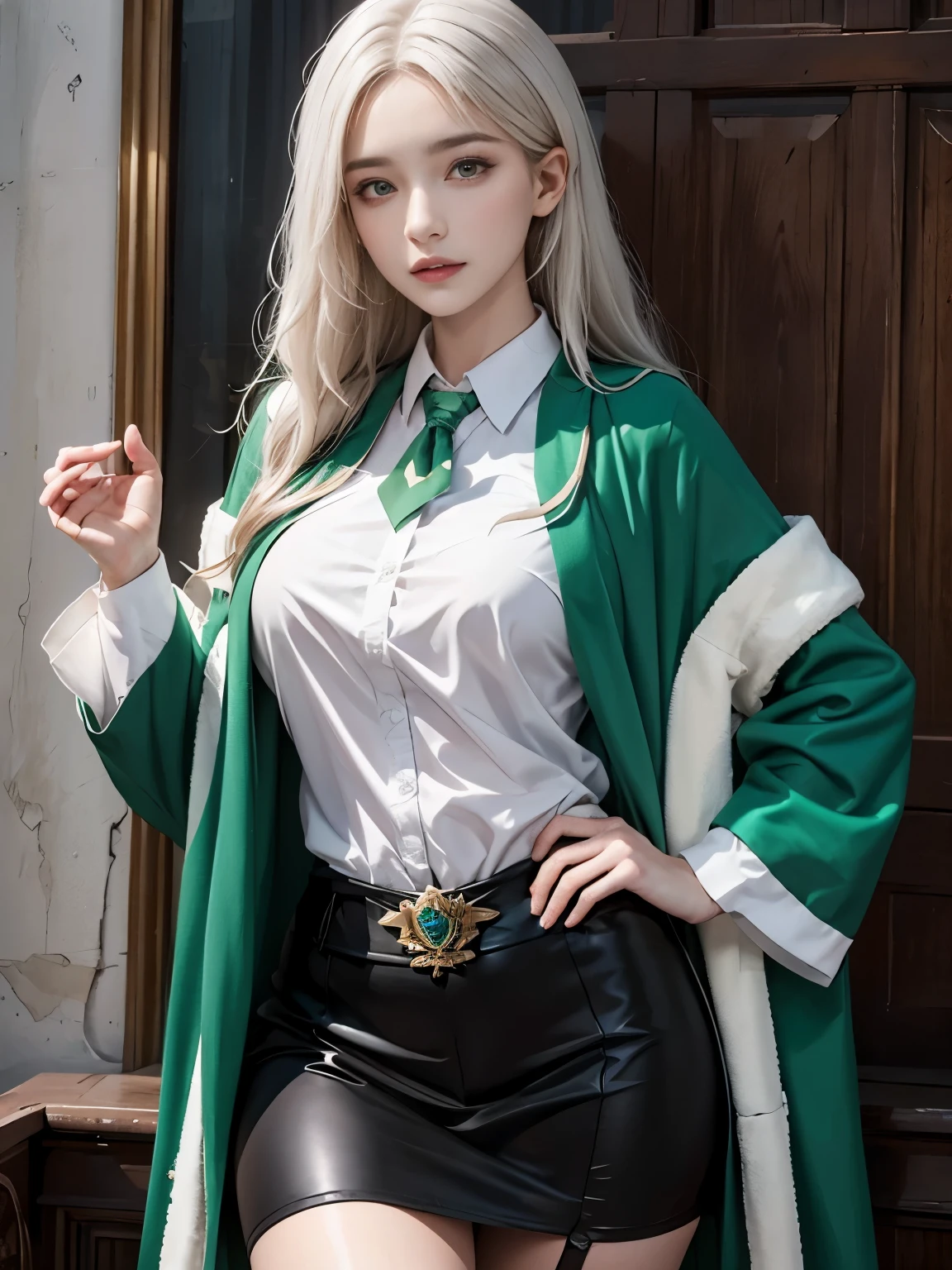 Photorealistic, high resolution, 1womanl, Solo, Hips up, view the viewer, (Detailed face), Hogwarts uniform, hogsks, Slytherin，blackstockings