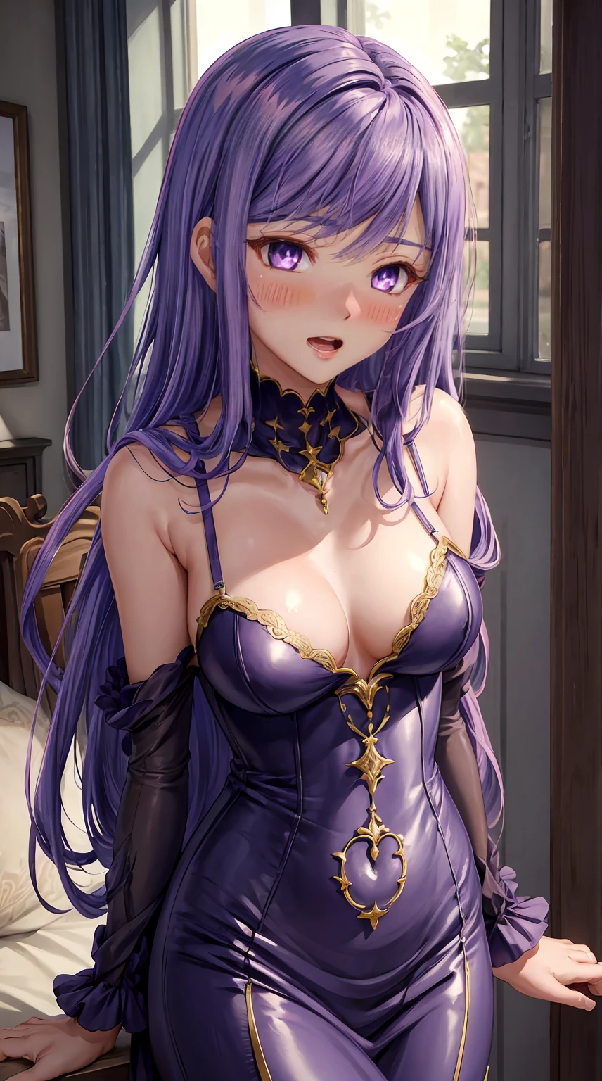 8K, Ultra High Definition, Super detailed, Shiny detailed hair, detailed face, fantasy landscape, solo, looking at viewer, {{best quality}}, {{masterpiece}}, {{ultra-detailed}}, {detailed light}, ultra high quality eyes, detailed eyes, perfect eyes, large eyes, detailed purple eyes, purple hair, long hair, adorned hair, beautiful, skinny body, white skin, slutty, erotic, standing in suggestive, lingerie, in lingerie, blushing, open mouth, ahegao, ((nsfw))