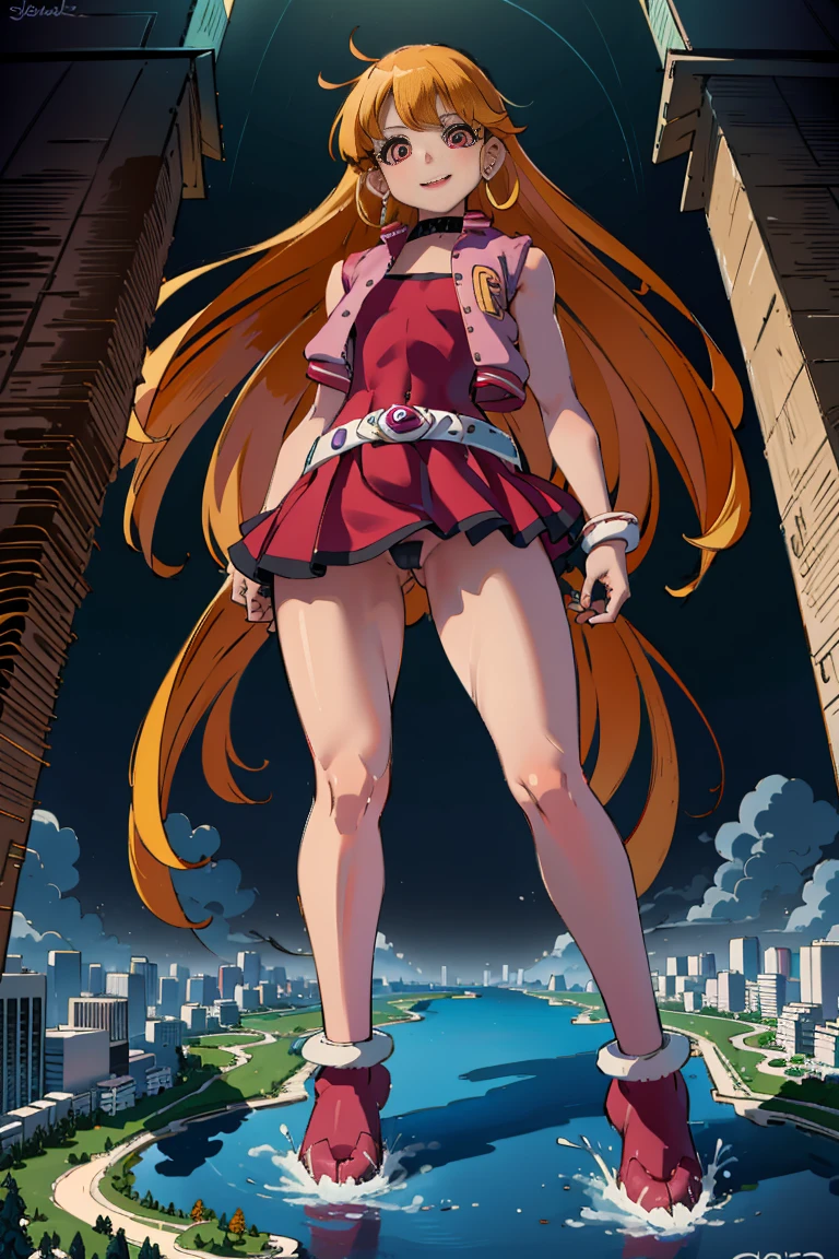 giantess art, Beautiful girl,, A giant woman bigger than a skyscraper, very small metropolis, miniature metropolis, Full body depiction, gts, giantess, tiny city,micro city, sleeveless shirt, skirt, smile