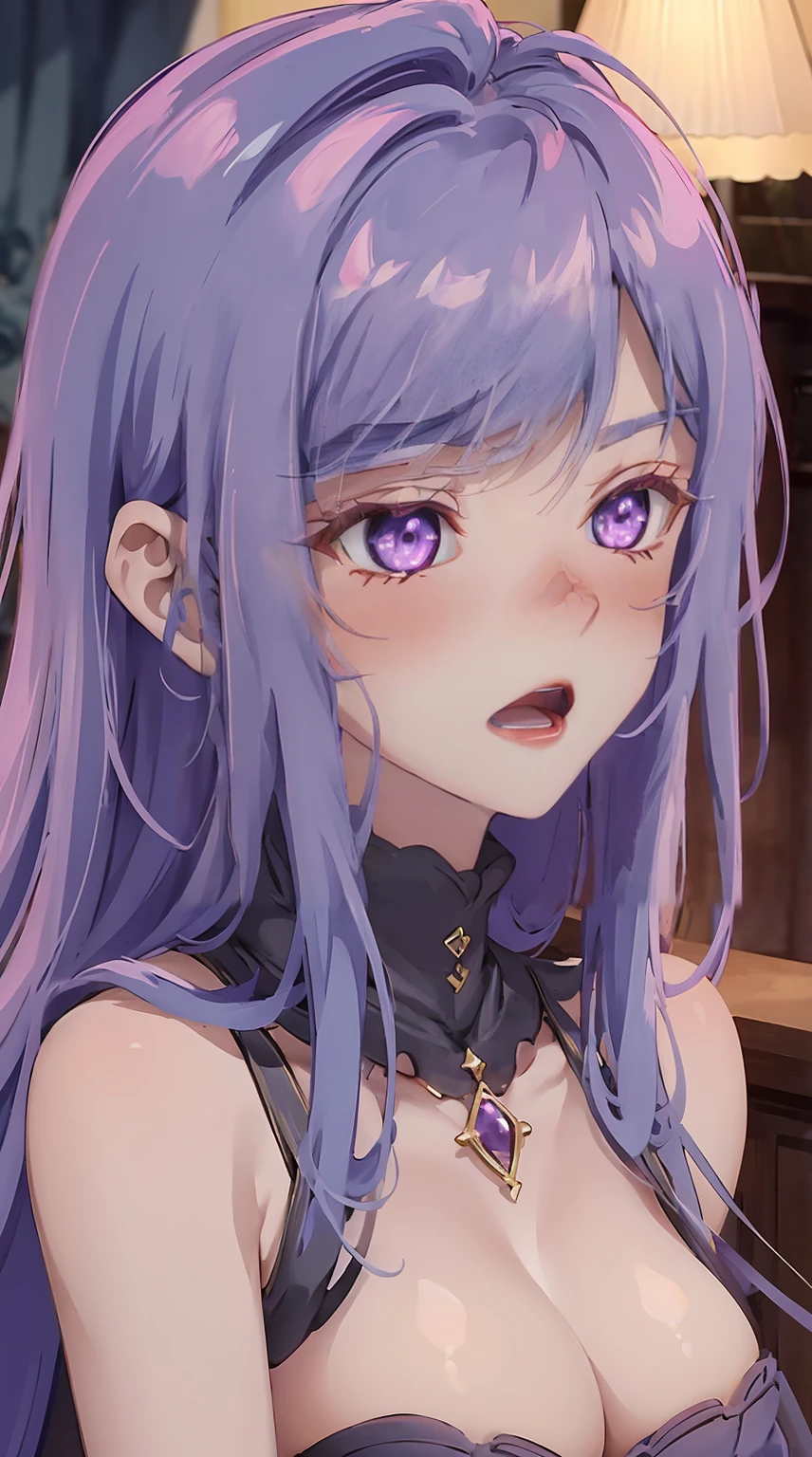 8K, Ultra High Definition, Super detailed, Shiny detailed hair, detailed face, fantasy landscape, solo, looking at viewer, {{best quality}}, {{masterpiece}}, {{ultra-detailed}}, {detailed light}, ultra high quality eyes, detailed eyes, perfect eyes, large eyes, detailed purple eyes, purple hair, long hair, adorned hair, beautiful, skinny body, white skin, slutty, erotic, standing in suggestive, blushing, open mouth, ahegao, ((nsfw))