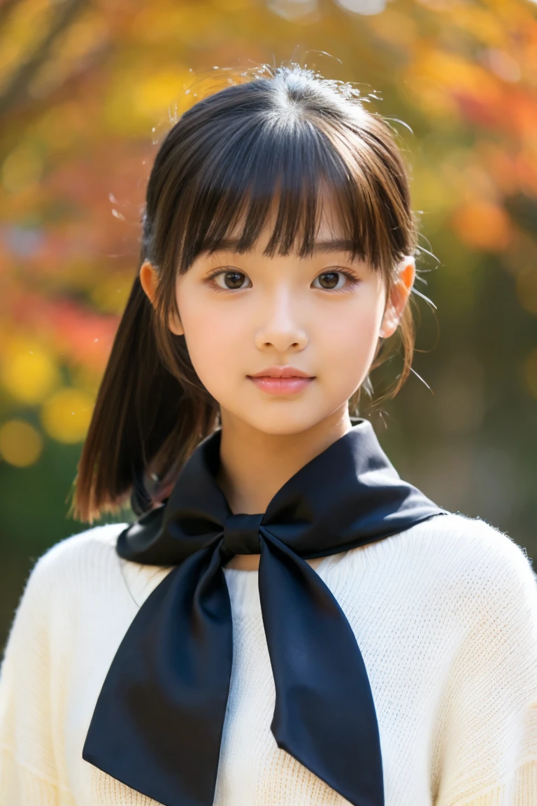 Autumn attire、bow ribbon、a beauty girl、sixteen years old、Black hair straight、
