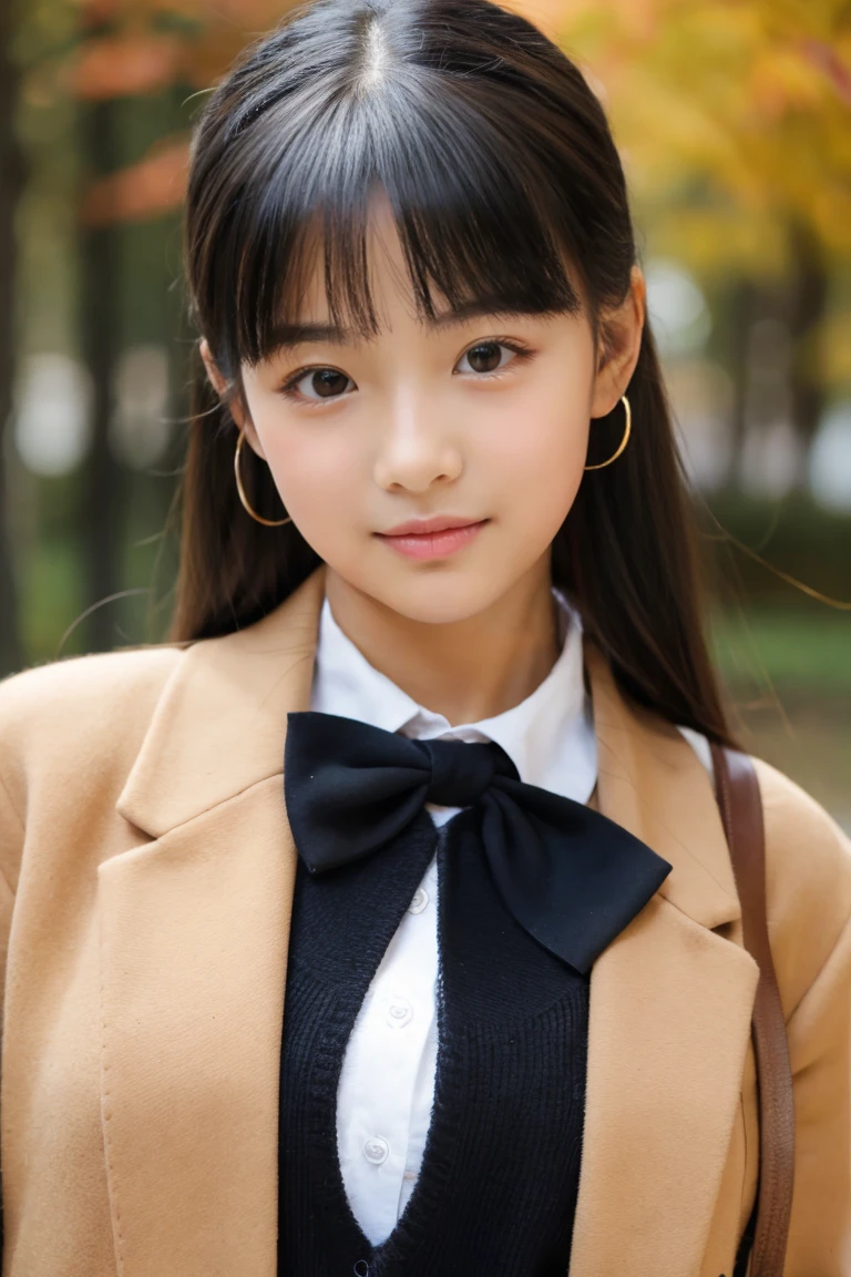 Autumn attire、bow ribbon、a beauty girl、、Black hair straight、