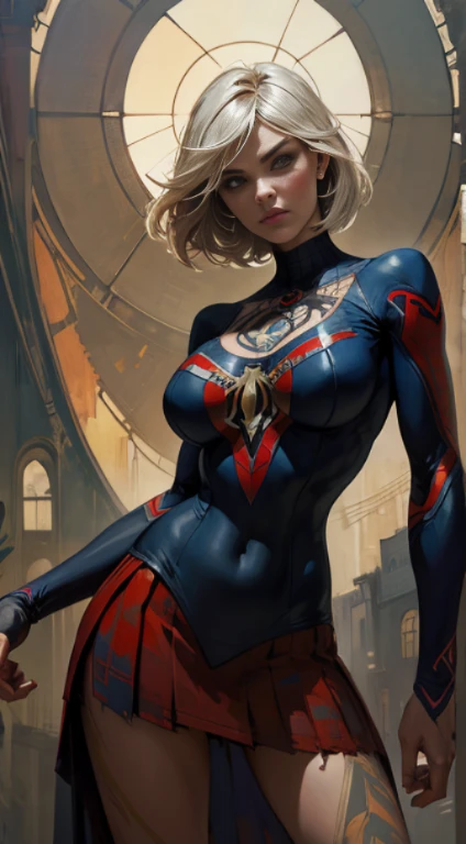 Elisha Cuthbert、Sticking out the navel、newyork、She wears a torn Spider-Man suit,wearing skirt、abstract photorealistic、artistic、Alphonse Mucha's painting(masterpiece、top-quality、hight resolution:1.4)、detaileds、複雑なdetaileds、4K、color splashes、line-drawing、Fibonacci、
