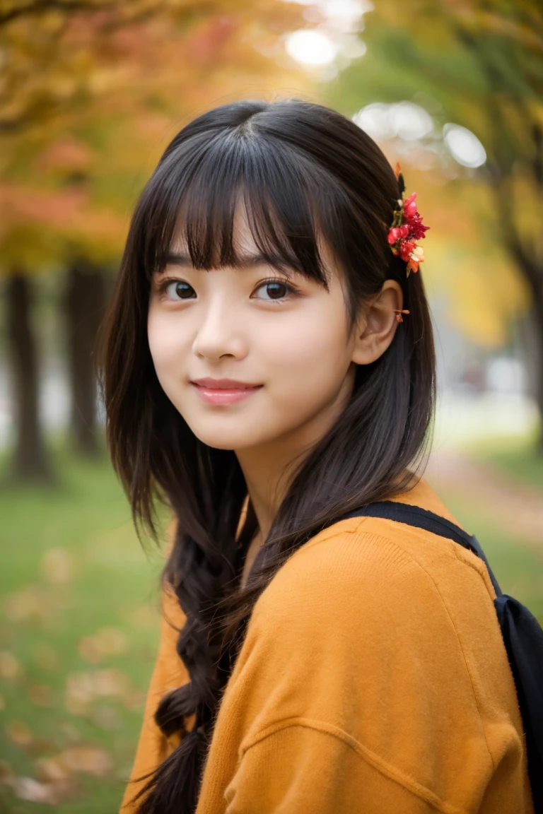 Autumn attire、bow ribbon、a beauty girl、 student、Black hair straight、Hair growth、
