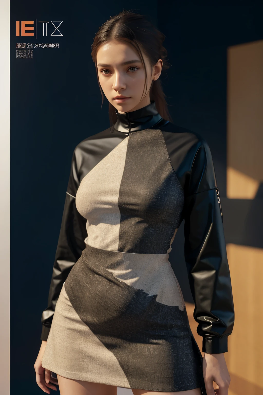 a digital fashion piece with innovative design, Texturas, seis cores, y2k, Estilo jovem, arte conceitual, Curvas, Minimalista, fundo cinzento, estilo anime, 3D-rendering, realistic lighting, alto detalhamento, multiple textures, shape patterns, multiplas cores, poster design