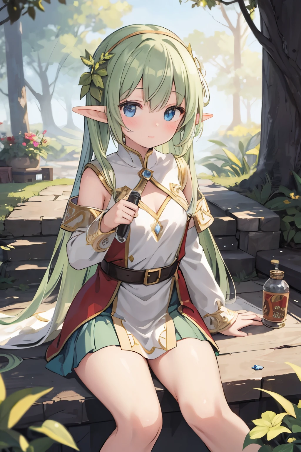 (masterpiece), best quality, high resolution, highly detailed, detailed background, perfect lighting, lens flare, fantasy, nature, 1girl, 120yo elf girl,