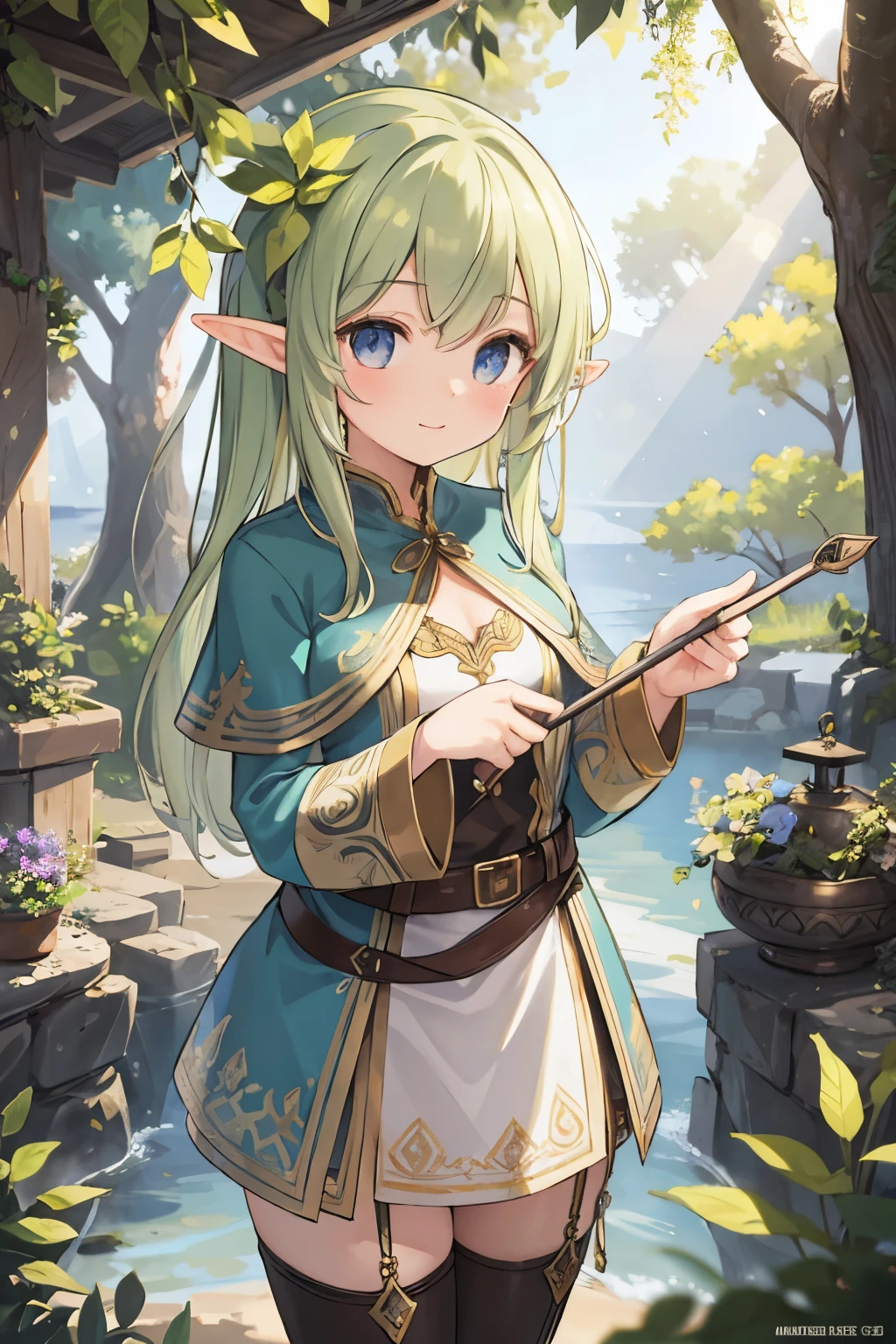 (masterpiece), best quality, high resolution, highly detailed, detailed background, perfect lighting, lens flare, fantasy, nature, 1girl, 120yo elf girl,