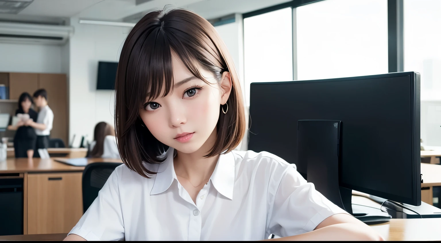 High-definition photos、Panoramic view of the office、Woman Looking At Me、Beautie、cute young woman、 woman has short cut brown hair、Wearing a white shirt、state of thought、I'm worried、At work、Inside the office、The weather is good、smaller companies。