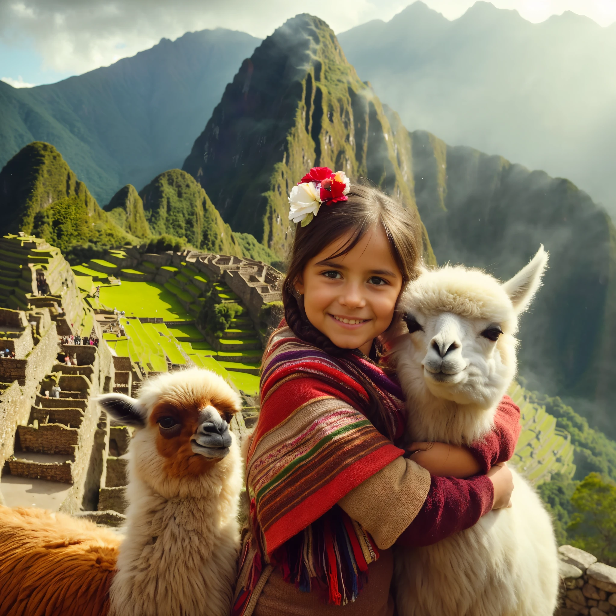 smiling girl hugging two llamas in front of a mountain, Adorable pintura digital, Yet, Quechua!!, Quechua!, fantasy matte painting,Lindo, mountain scene in a flame face, Hermosa obra de arte digital, Atey Ghailan y Steve McCurry, Yet style, Angel of the Dawn Flame, Machu Picchu, Peru, Fotoataque