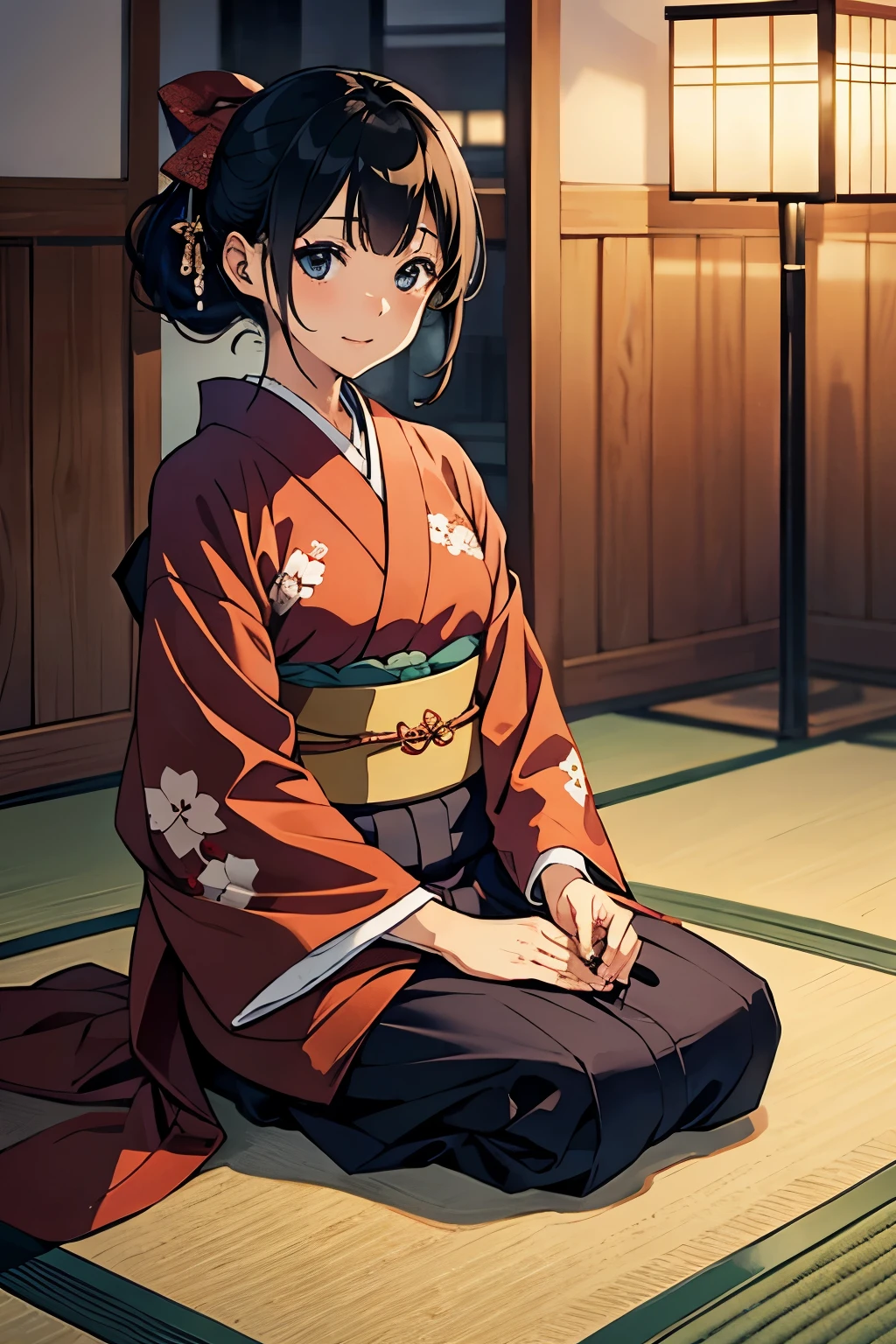 kimono, seiza, sit on the floor, New Year's greeting, from front