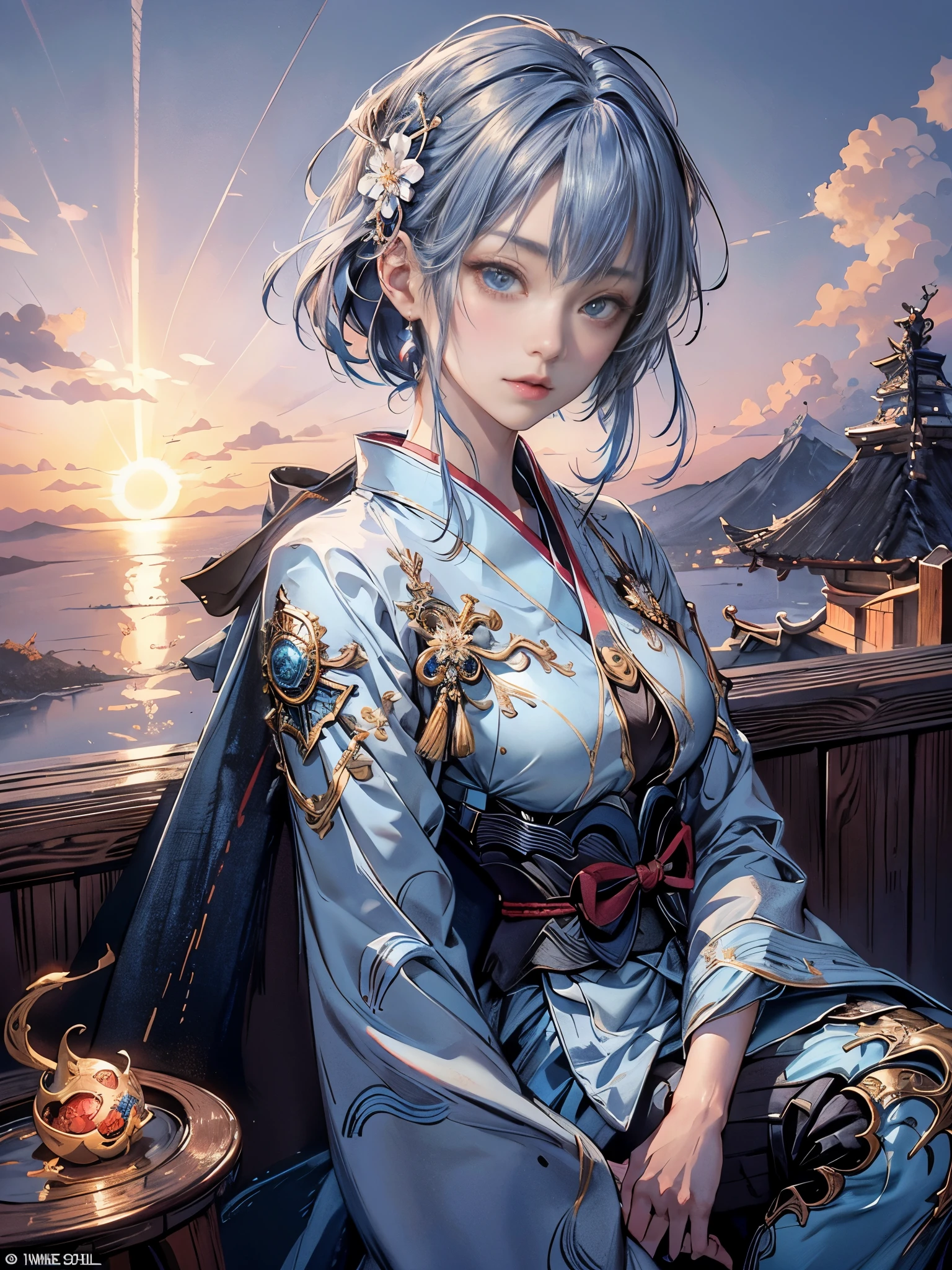 Cinematic lighting、16k picture quality、highlydetailed skin、masutepiece,1girl in, Solo、Best Quality,cyberpunked,(1beautiful woman、Detailed beautiful facial features:1.3)(Blue Medium Hair、Medium hairstyle that goes well with kimono:1.3)(well-shaped breasts:1.3)Blue eyes that are about to leak, Beautiful shiny white and blue Japanese clothes、Japanese beauty wearing a blue kimono、Kimono、(Dragon Rising in the Sky:1.2)(A slight smil、Turn around:1.3)(new year atmosphere)first sunrise in japan(Watch the first sunrise on a fantastic mountain peak in Japan:1.2)(Sunlight that can be seen from a distance、Expanding sea of clouds:1.2)