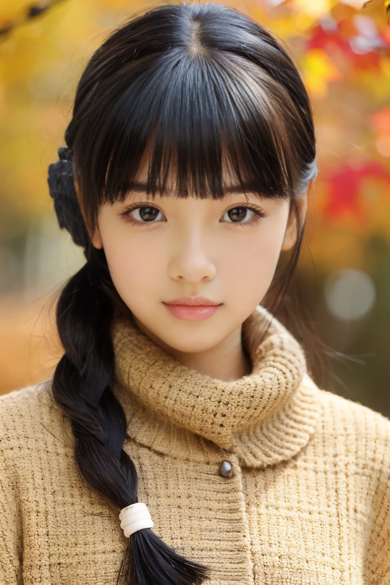 Autumn attire、bow ribbon、a beauty girl、、Black hair straight、big eye、
