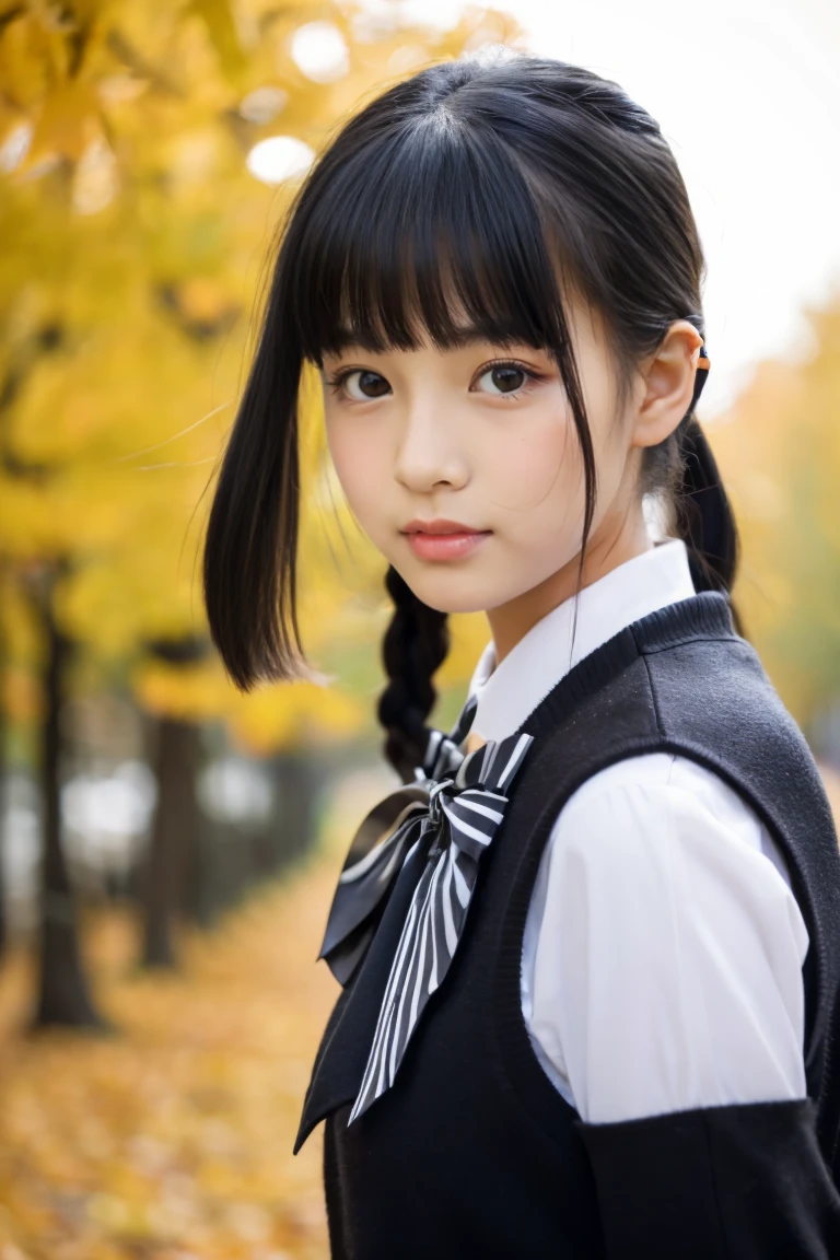 Autumn attire、bow ribbon、a beauty girl、sixteen years old、Black hair straight、big eye、